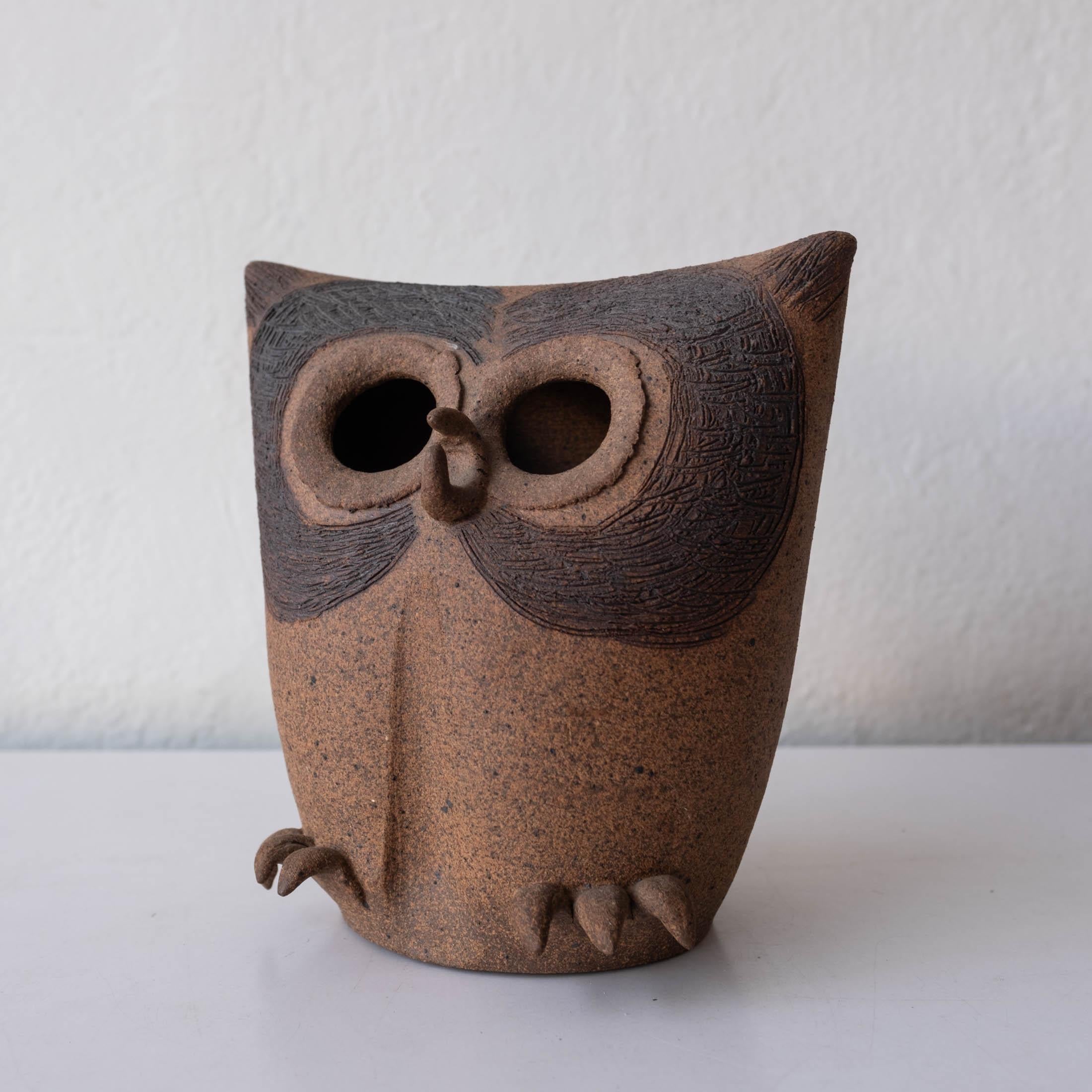 1960s owl sculpture or lantern. Carved stoneware. Signed illegibly on the interior. 