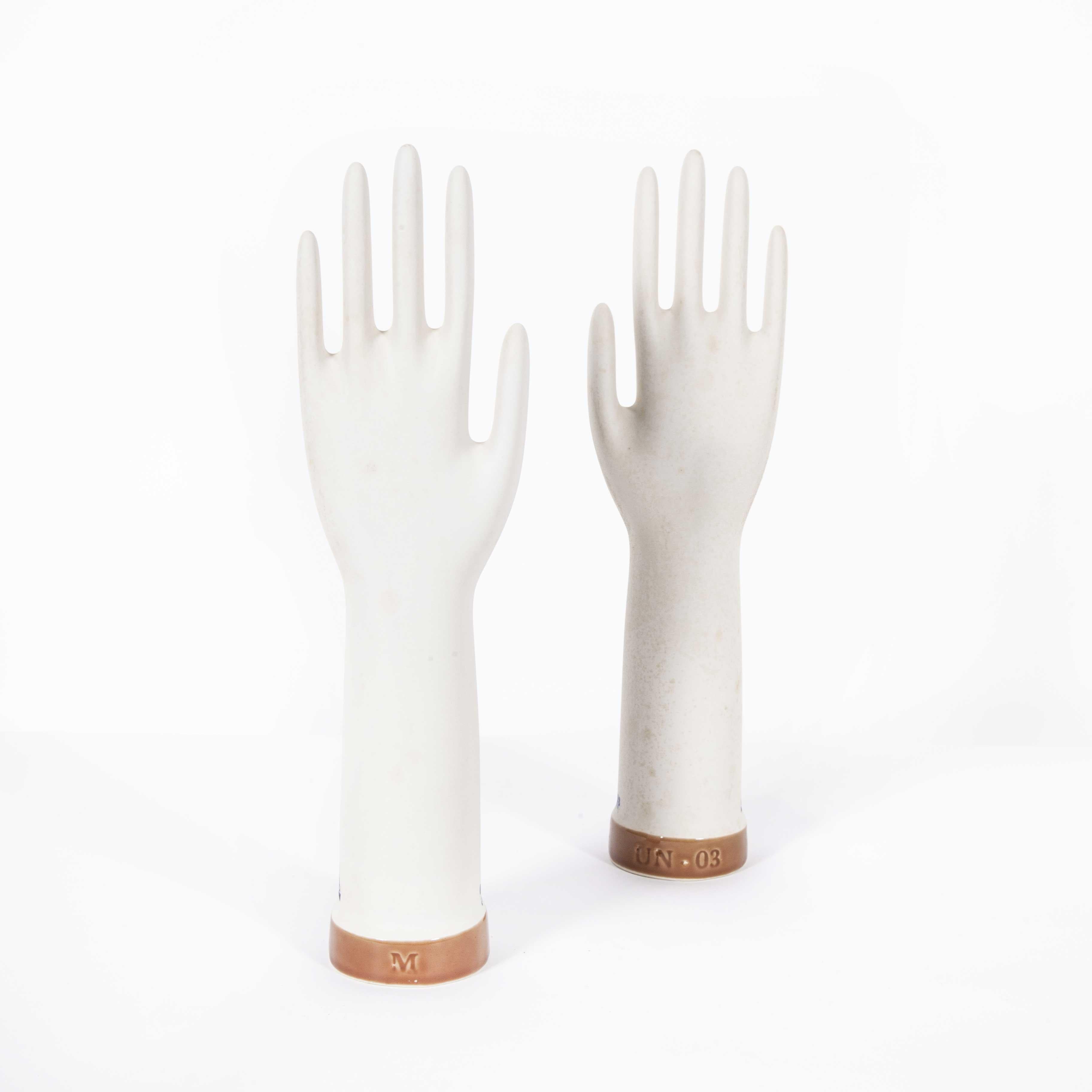1960s ceramic rubber glove hand moulds– Singles. Sold singularly these hands were mounted on a slow rotating metal arm which was dipped in molten rubber as a male mould to form rubber gloves.

Workshop report:

Our workshop team inspect every
