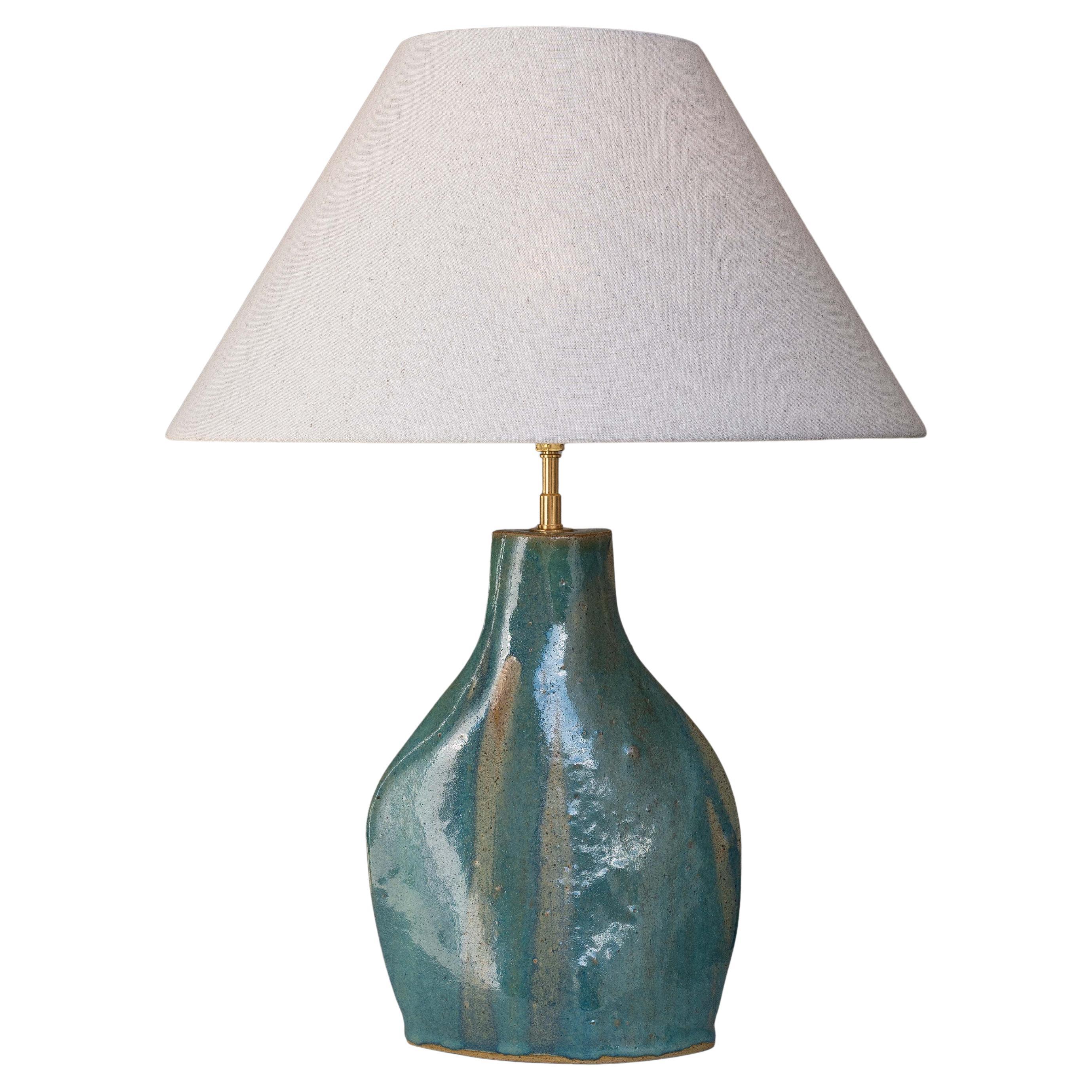 1960s Ceramic Table Lamp, Mid-Century Table Lamp - Green 
Blue Enamel - Belgium