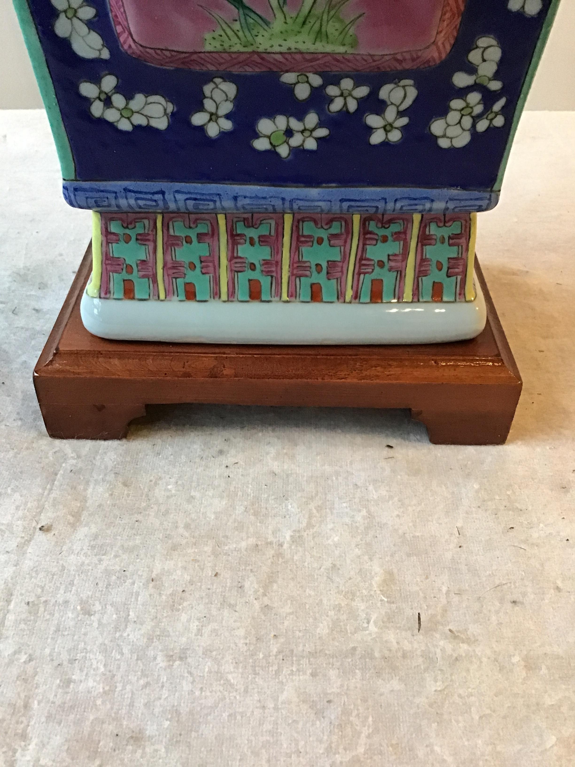 1960s Floral Hand Painted Ceramic  Colorful Asian Table Lamp For Sale 3