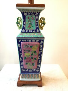 1960s Floral Hand Painted Ceramic  Colorful Asian Table Lamp