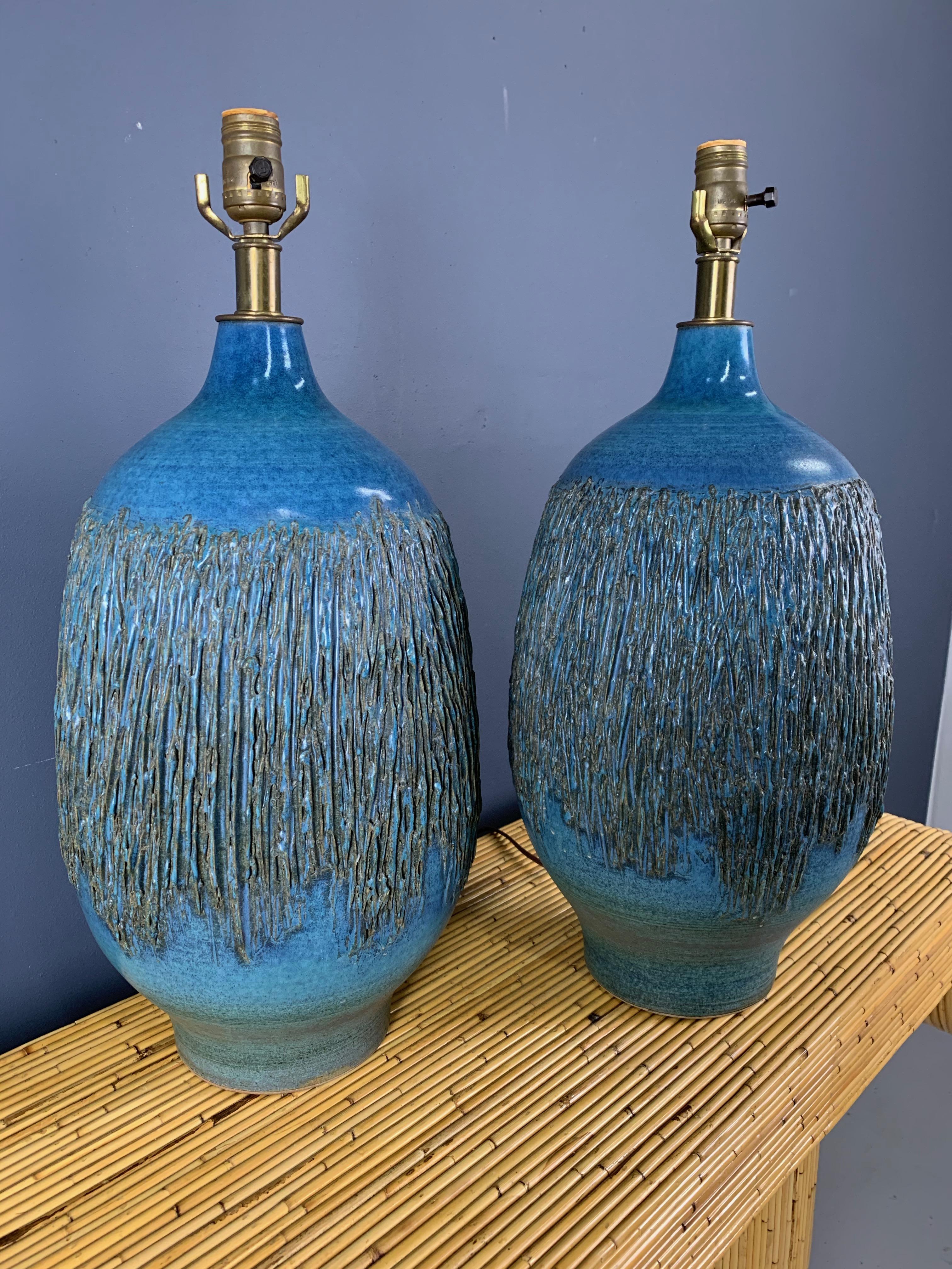 Mid-Century Modern Design Technics 1960s Cerulean Blue Ceramic Table Lamps a Pair by Lee Rosen
