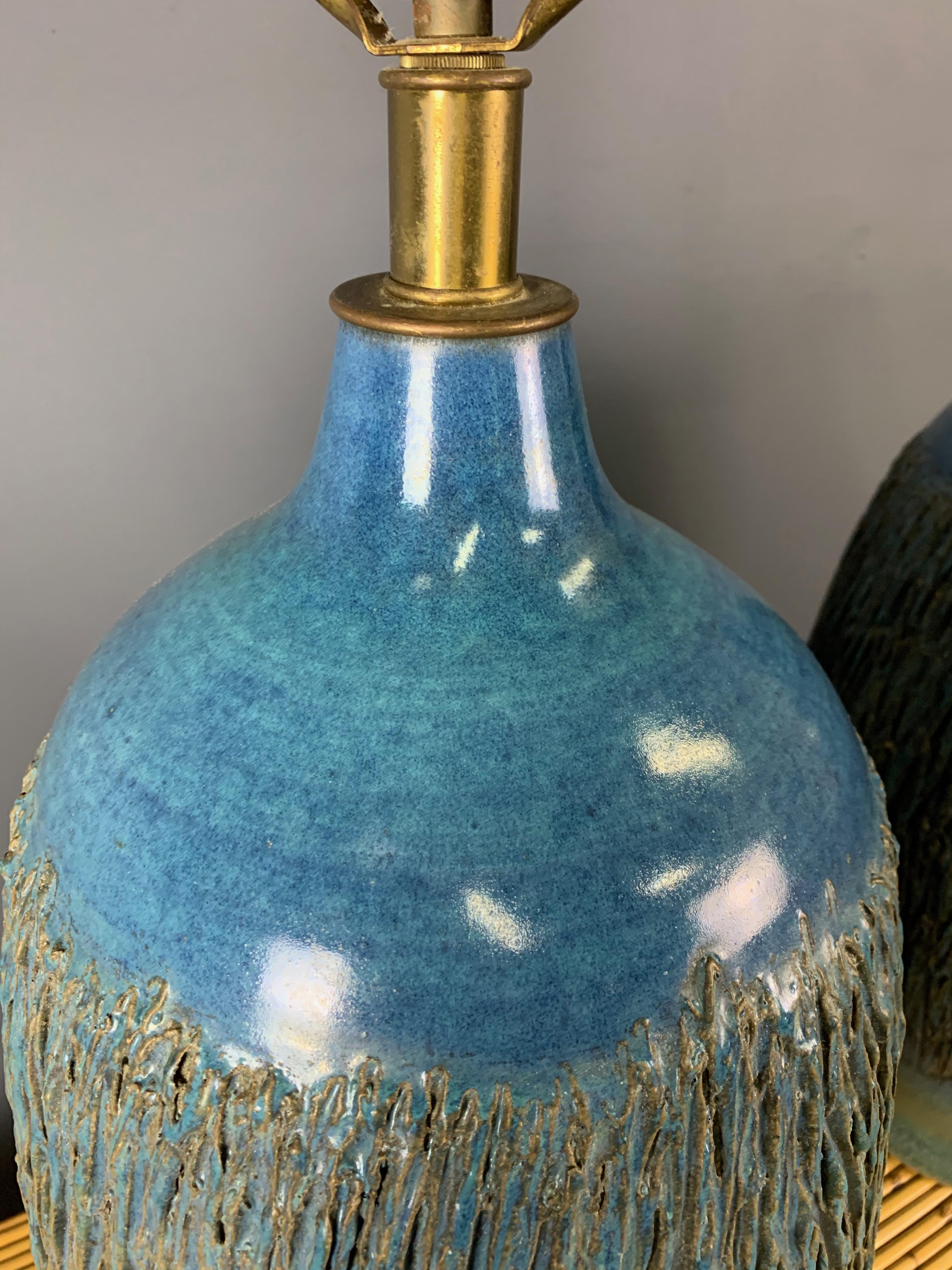 Design Technics 1960s Cerulean Blue Ceramic Table Lamps a Pair by Lee Rosen In Good Condition In Philadelphia, PA