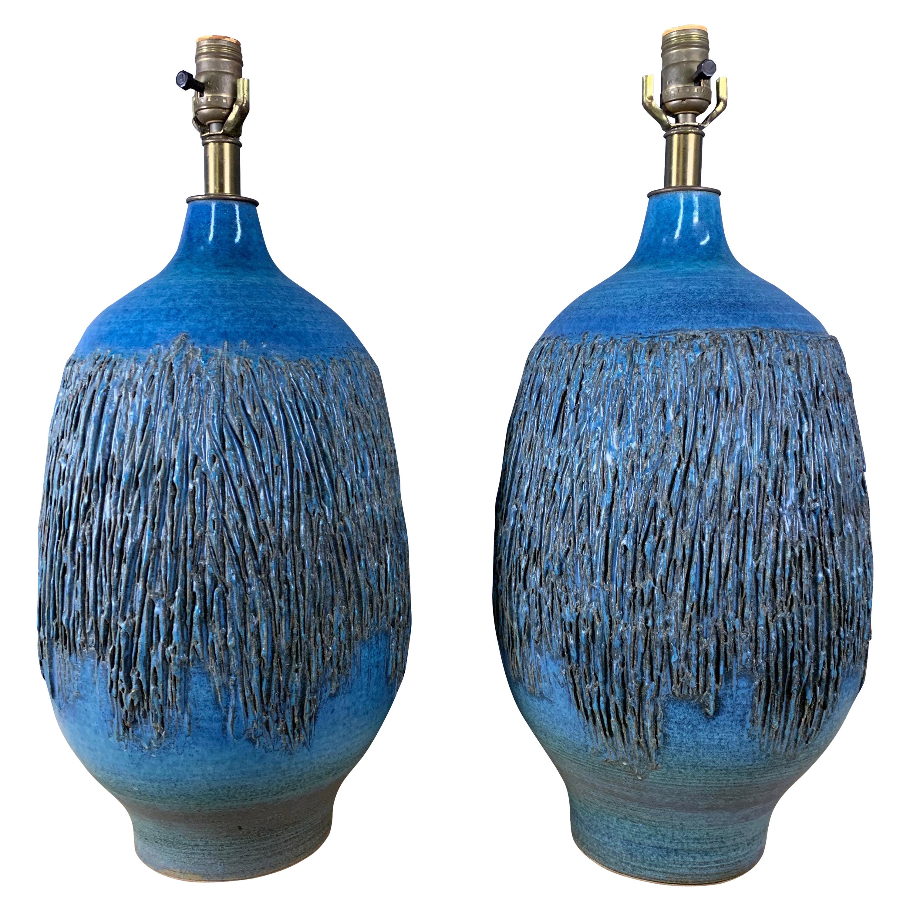 Design Technics 1960s Cerulean Blue Ceramic Table Lamps a Pair by Lee Rosen