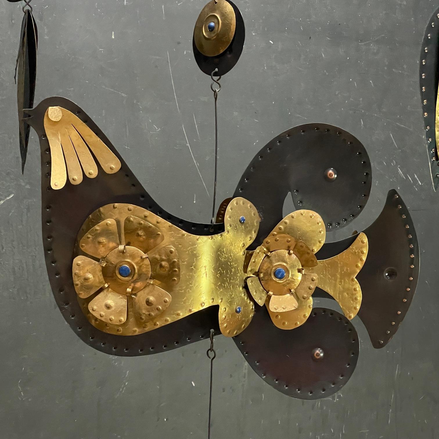 1960 Cesar Vasquez Lapis Brass Copper Enamel Birds Mobile Wall Hanging Art in vendita 2