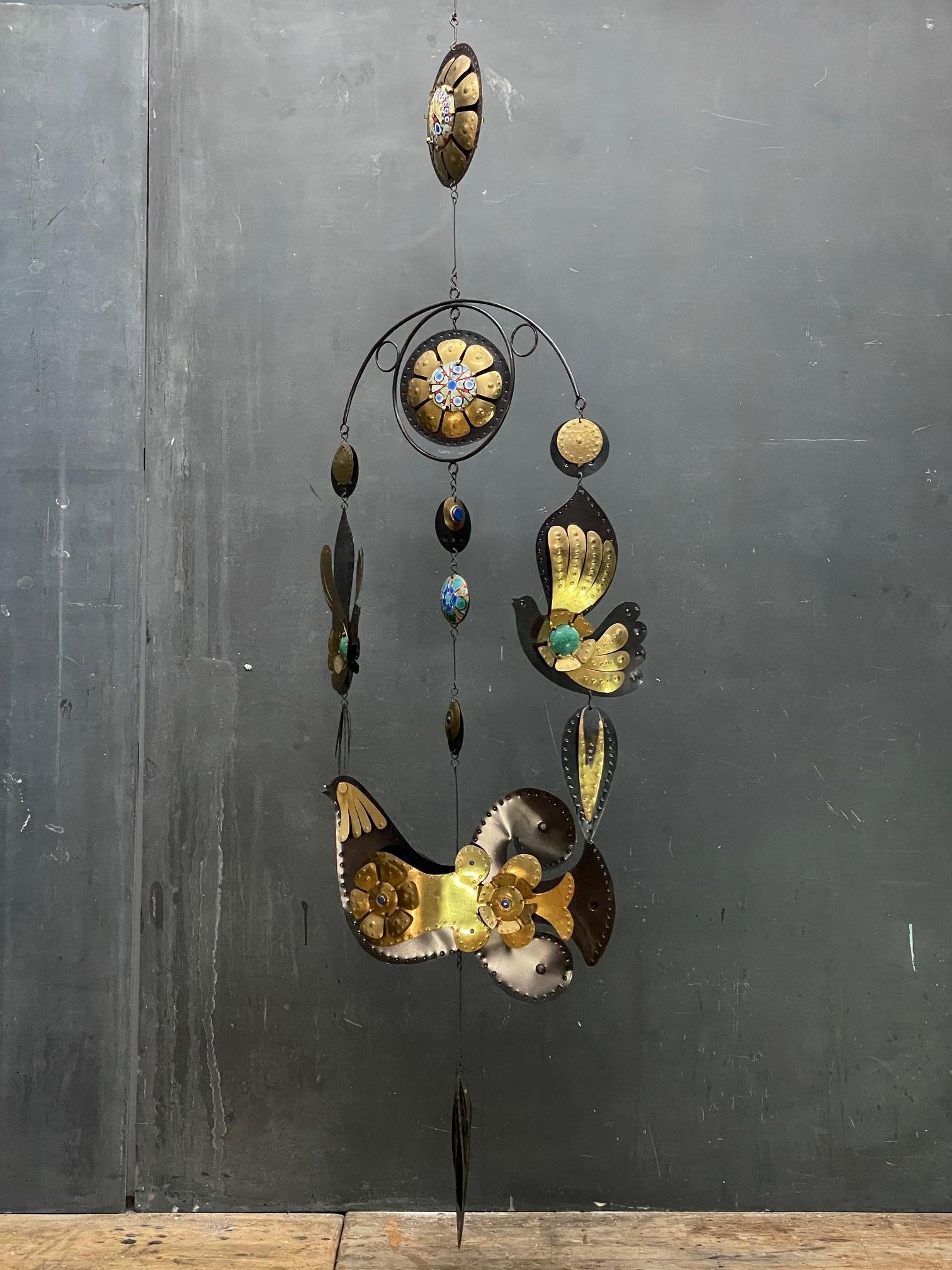 Cileno 1960 Cesar Vasquez Lapis Brass Copper Enamel Birds Mobile Wall Hanging Art in vendita