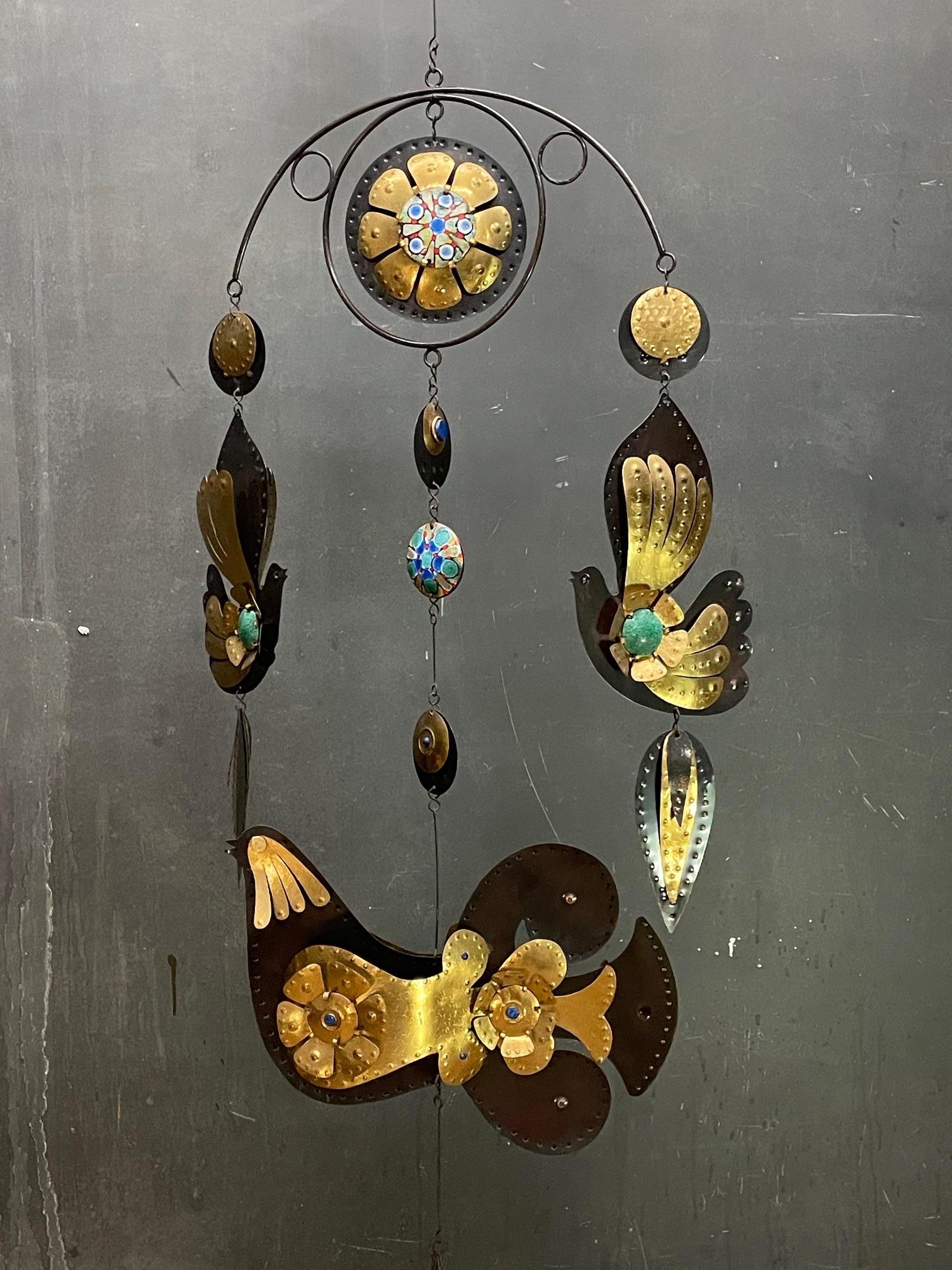 Fatto a mano 1960 Cesar Vasquez Lapis Brass Copper Enamel Birds Mobile Wall Hanging Art in vendita