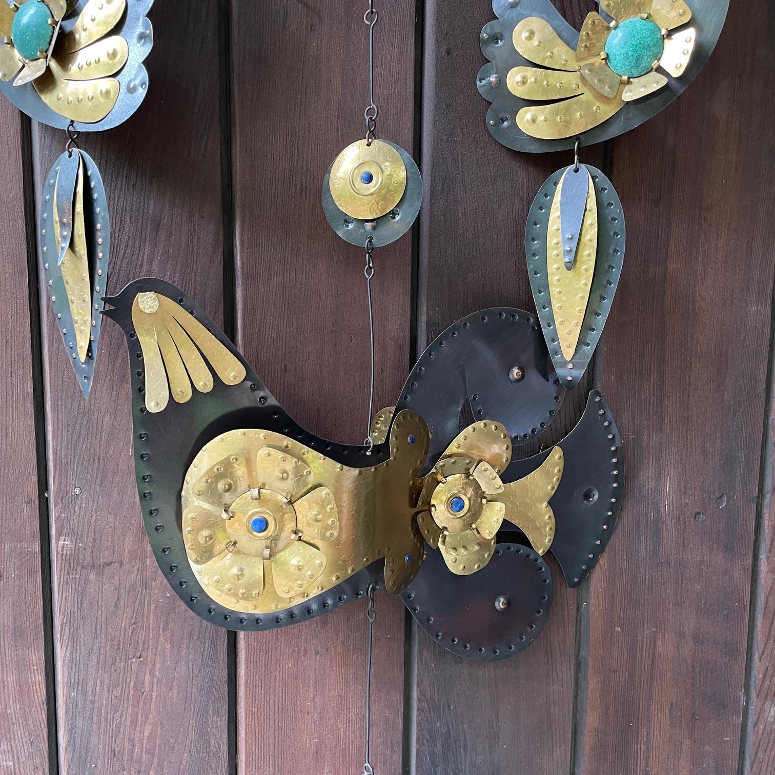 Metallo 1960 Cesar Vasquez Lapis Brass Copper Enamel Birds Mobile Wall Hanging Art in vendita