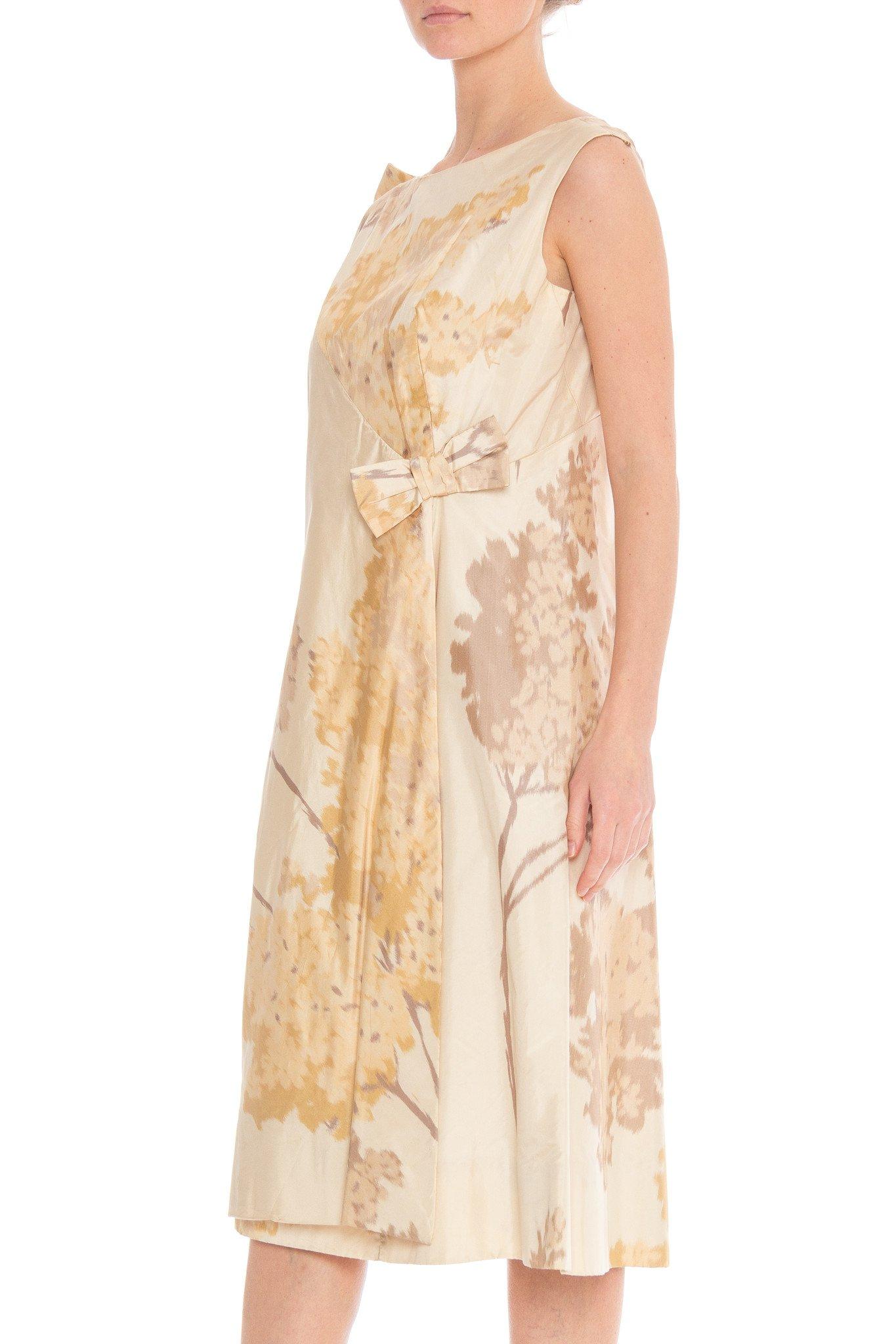 Beige 1960S Champagne Haute Couture Silk Taffeta Ikat Printed Cocktail Dress From Joh For Sale