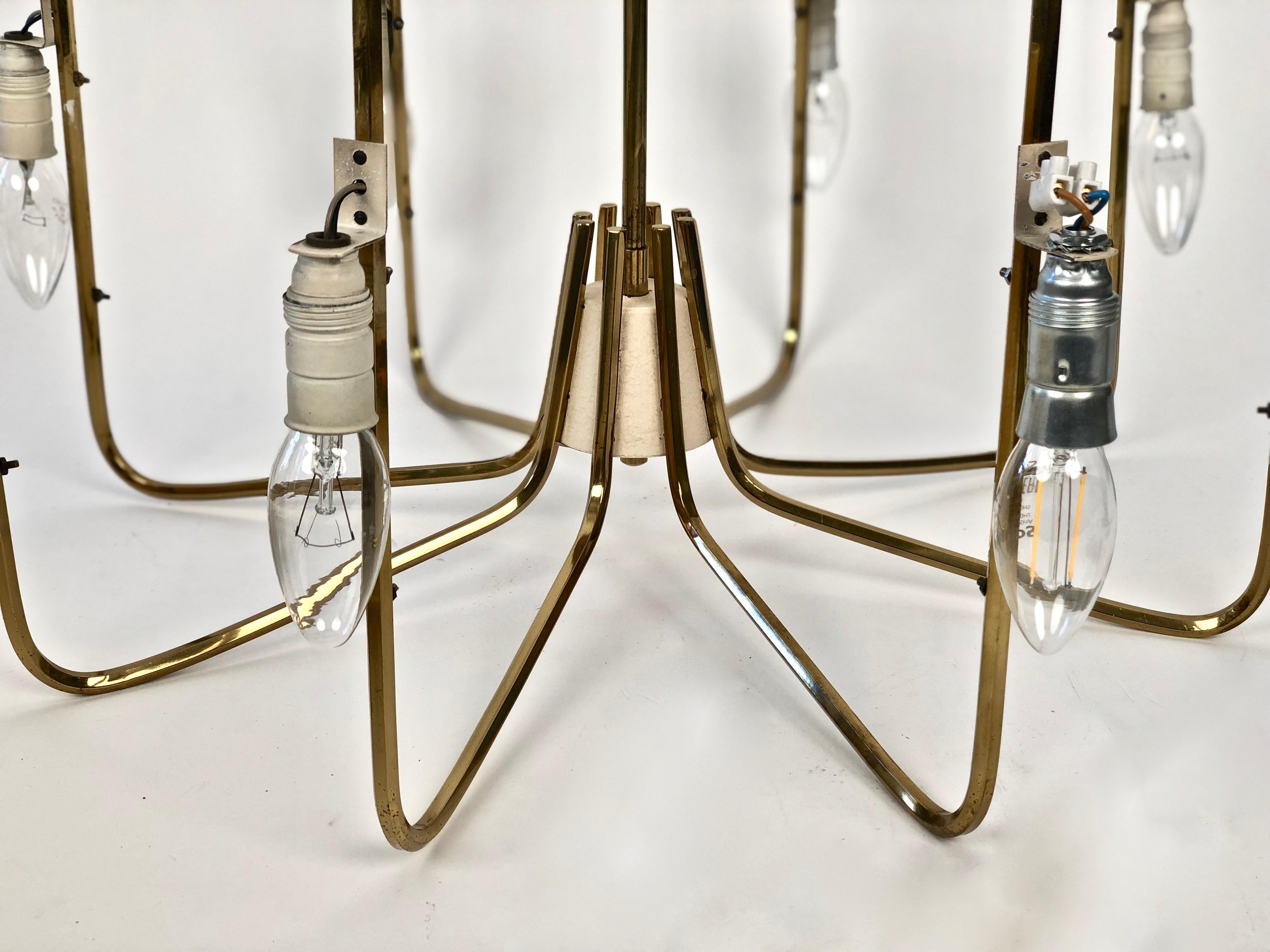 1960's Chandelier in Brass with Fiber Glass Shades made in Austria For Sale 4