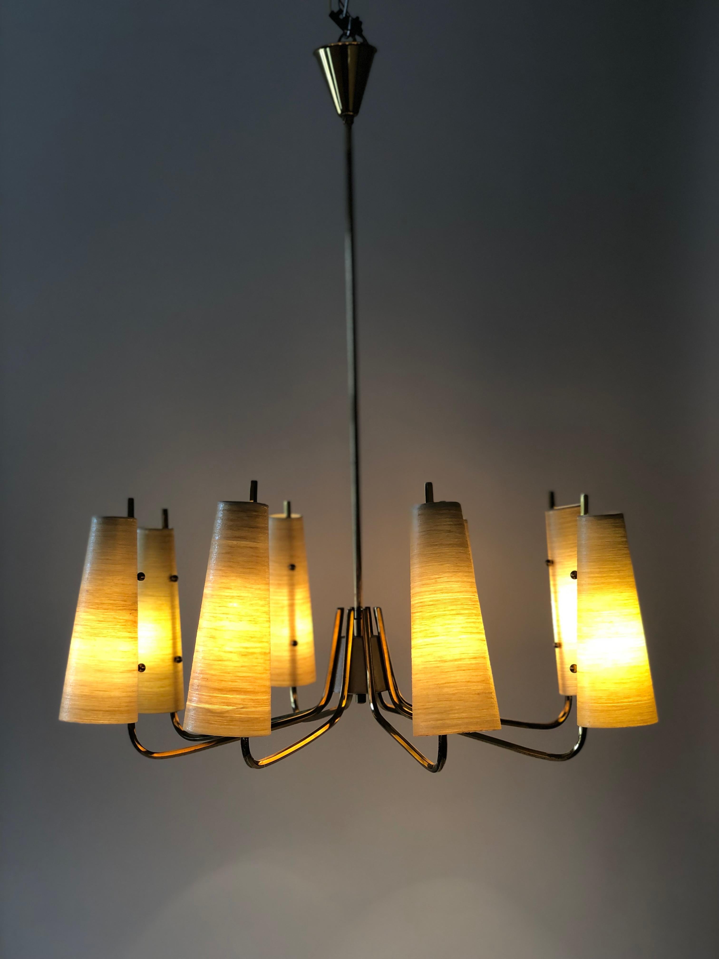 1960's Chandelier in Brass with Fiber Glass Shades made in Austria For Sale 5