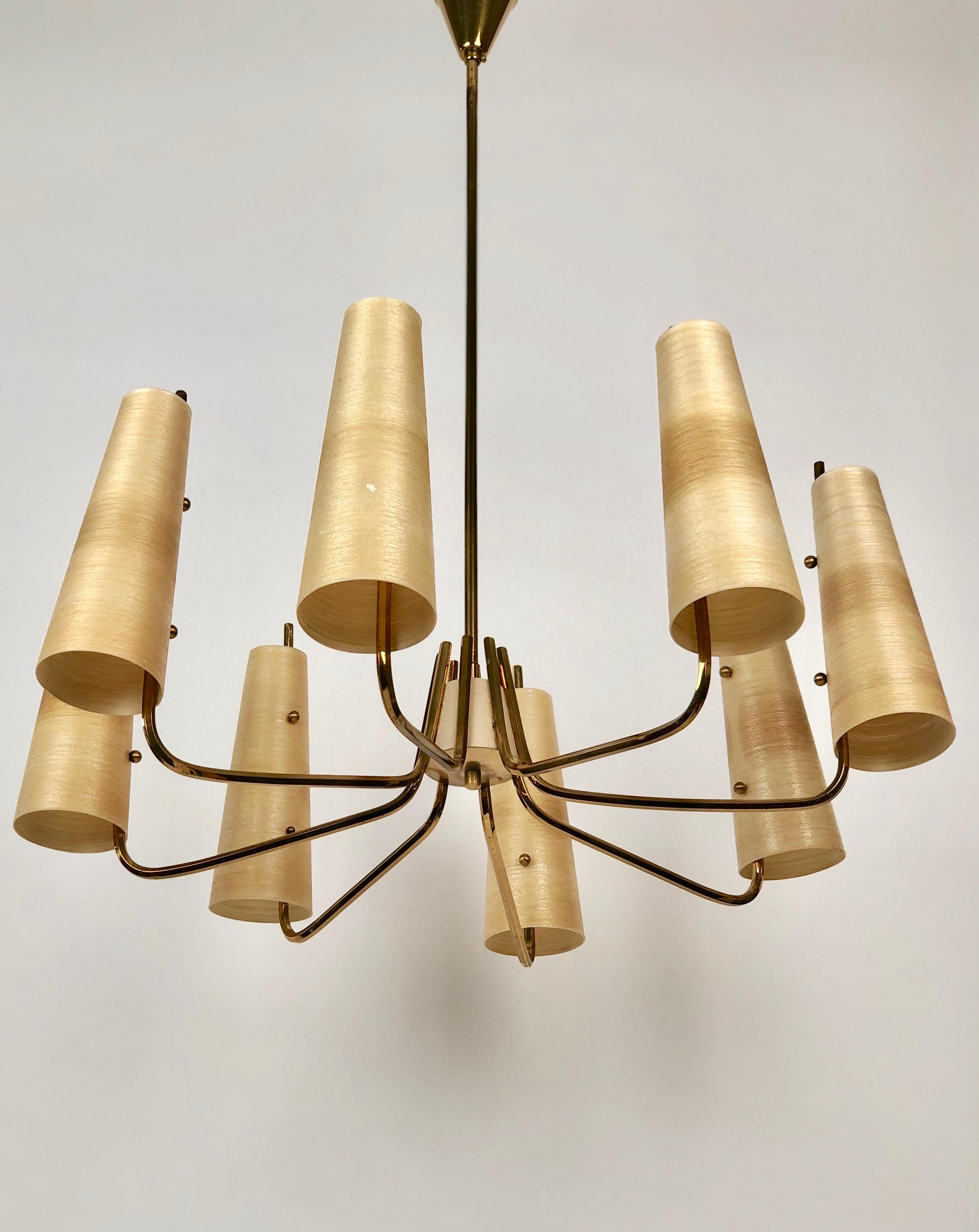 Mid-Century Modern 1960's Chandelier in Brass with Fiber Glass Shades made in Austria For Sale