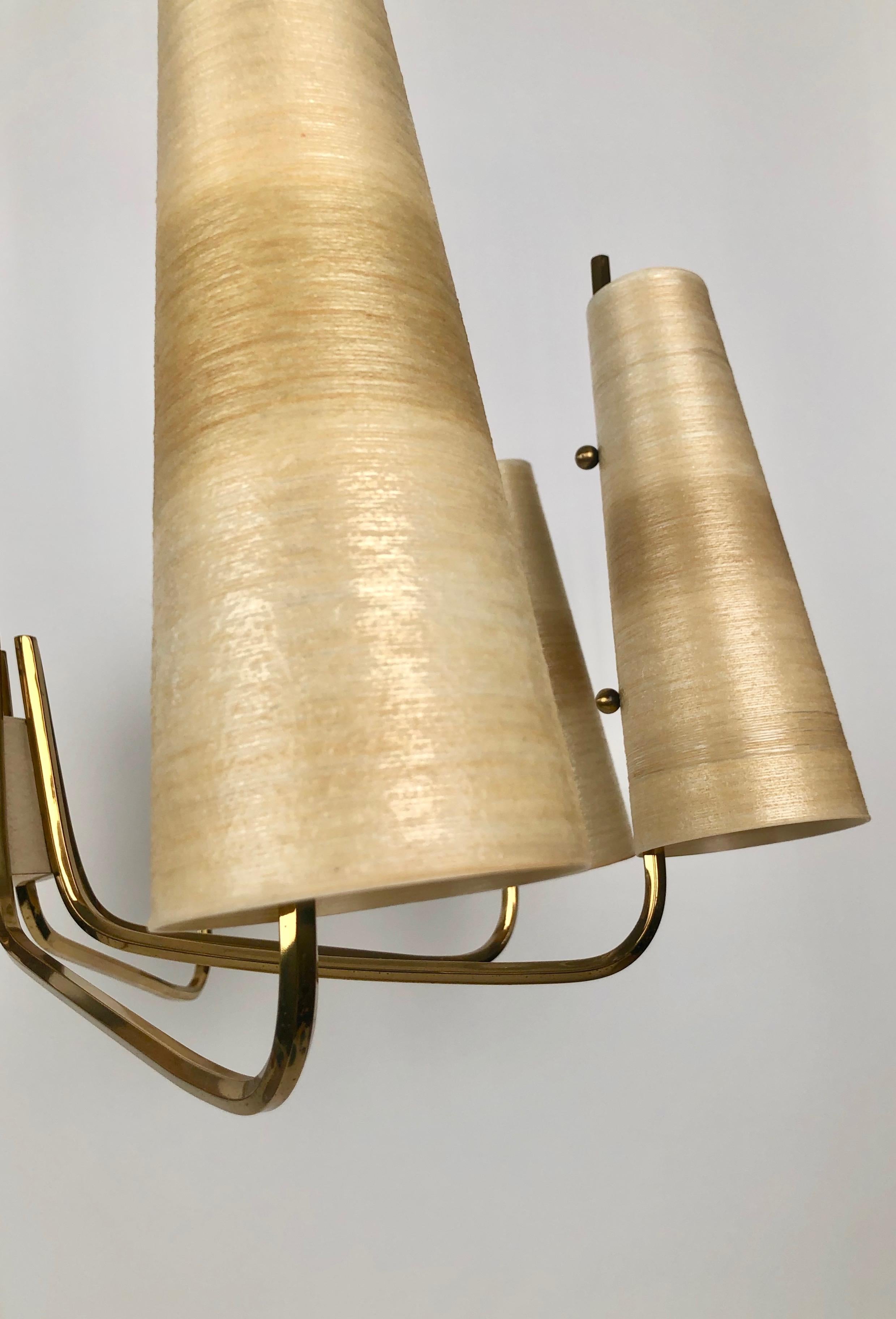 Austrian 1960's Chandelier in Brass with Fiber Glass Shades made in Austria For Sale