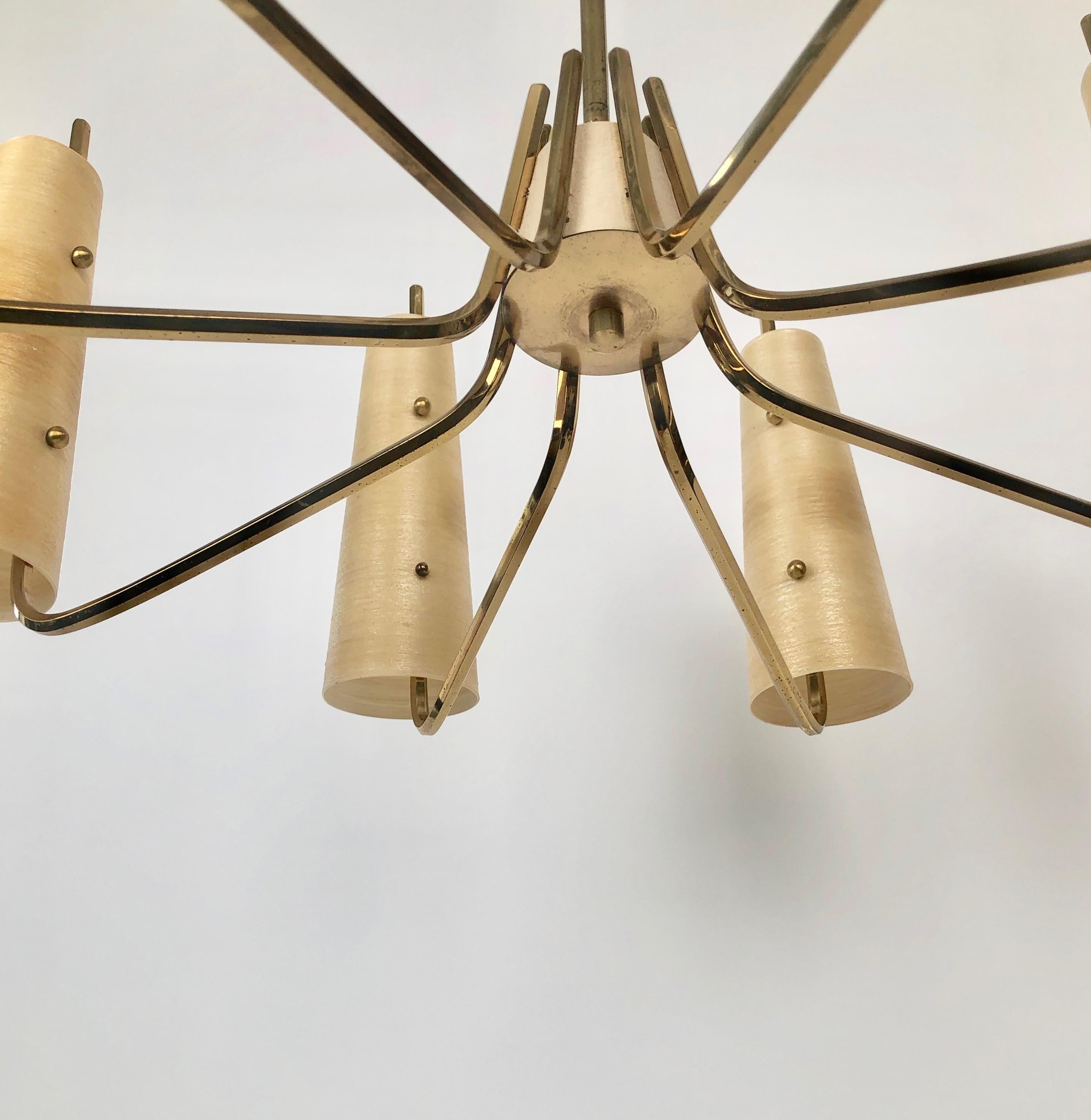 1960's Chandelier in Brass with Fiber Glass Shades made in Austria For Sale 1