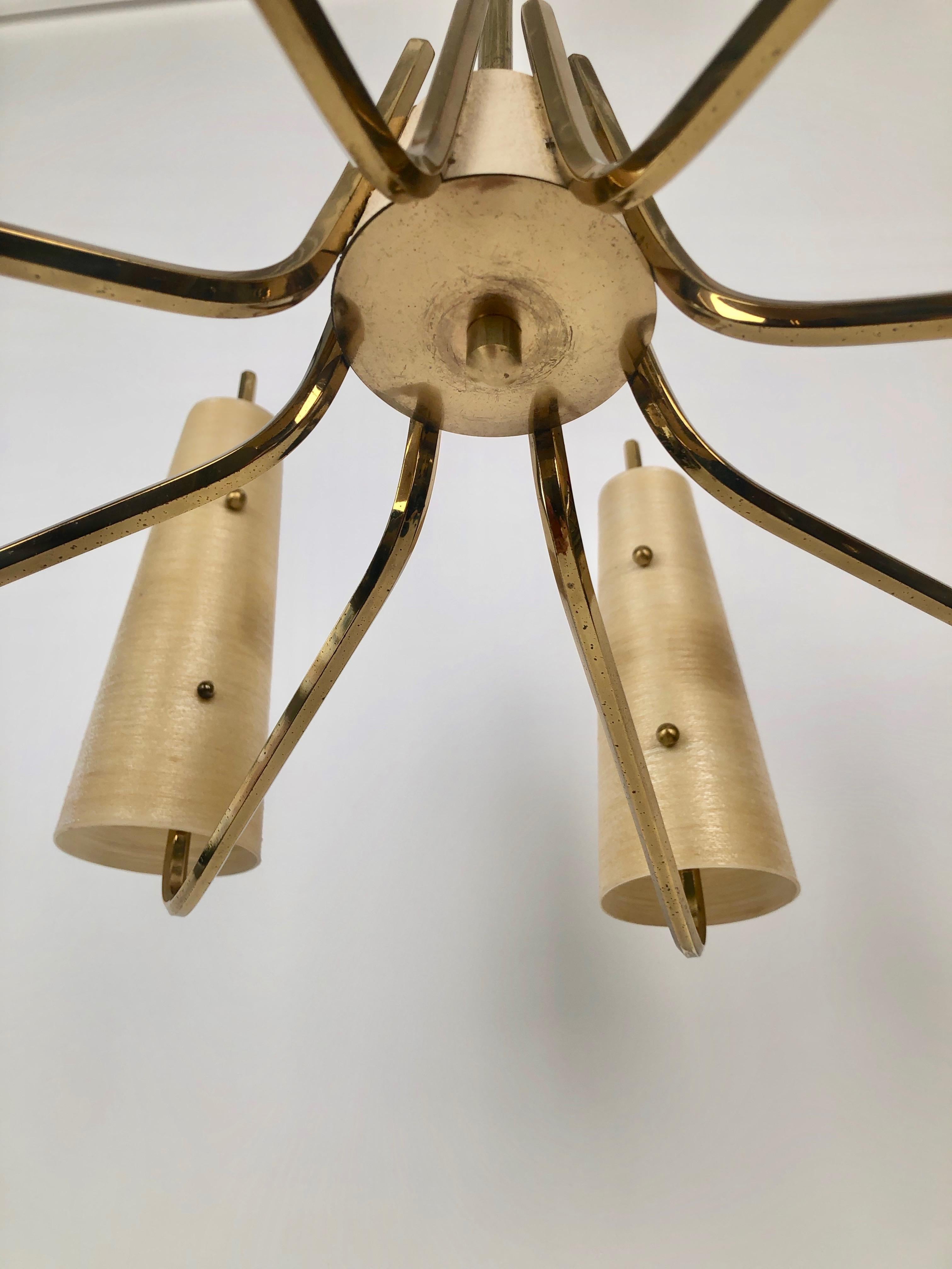 1960's Chandelier in Brass with Fiber Glass Shades made in Austria For Sale 2
