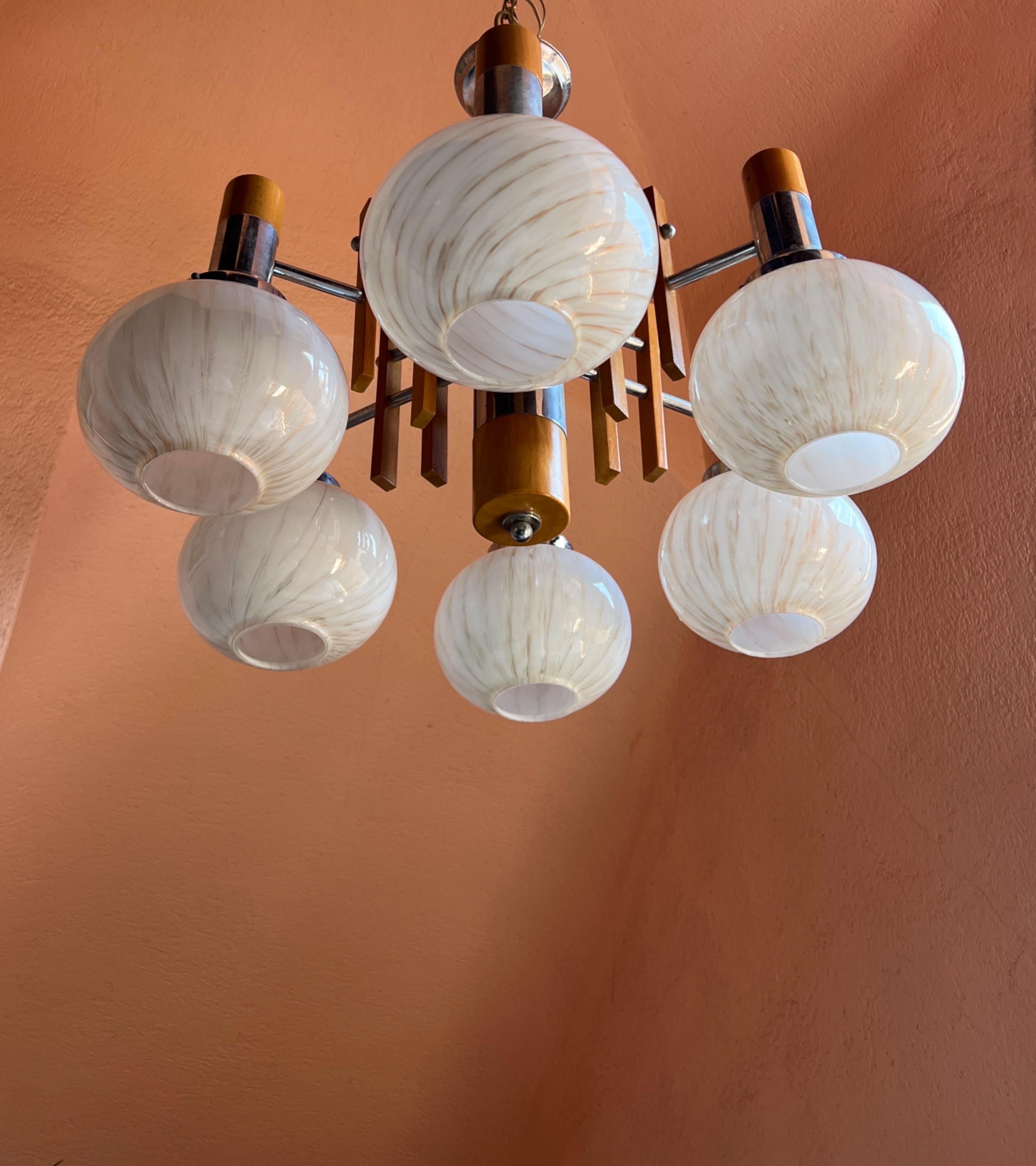 Metal 1960s chandelier with Murano glass shades  by Mazzega For Sale