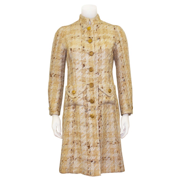 1960s Chanel Couture Beige Woven Wool Coat For Sale