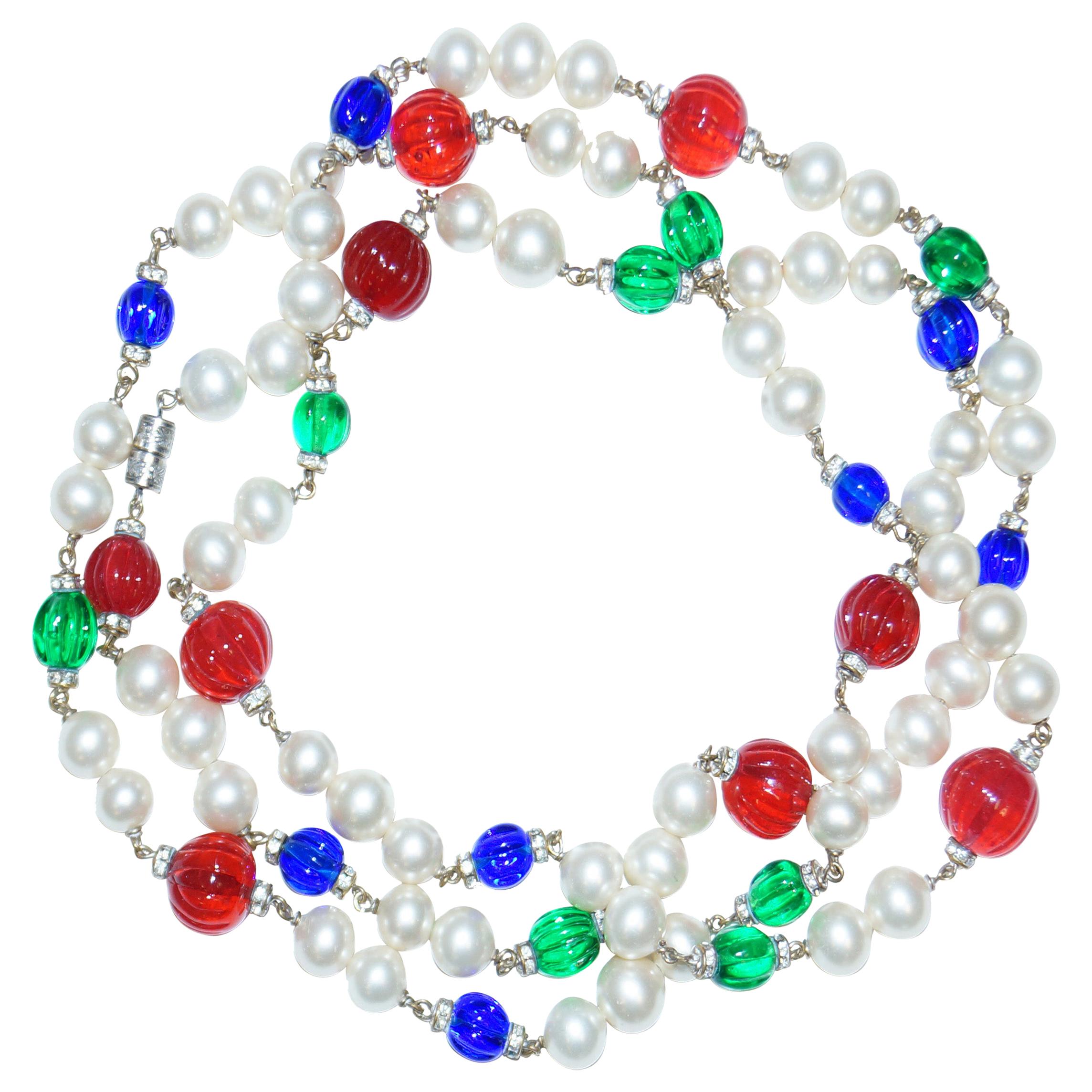 1960s Chanel Gripoix Glass and Pearl Station Necklace at 1stDibs