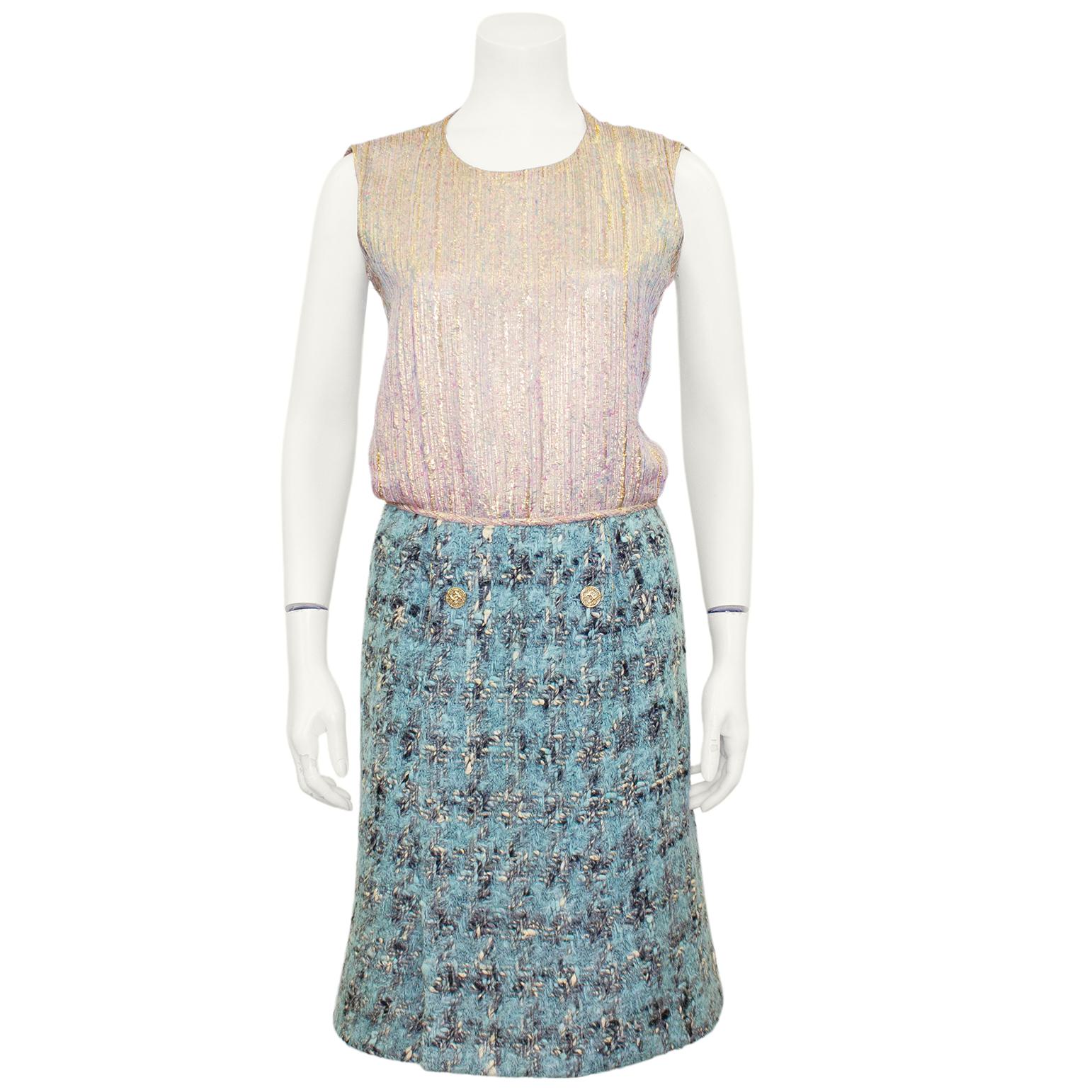 Women's 1960's Chanel Haute Couture Blue Tweed Jacket and Dress Ensemble 