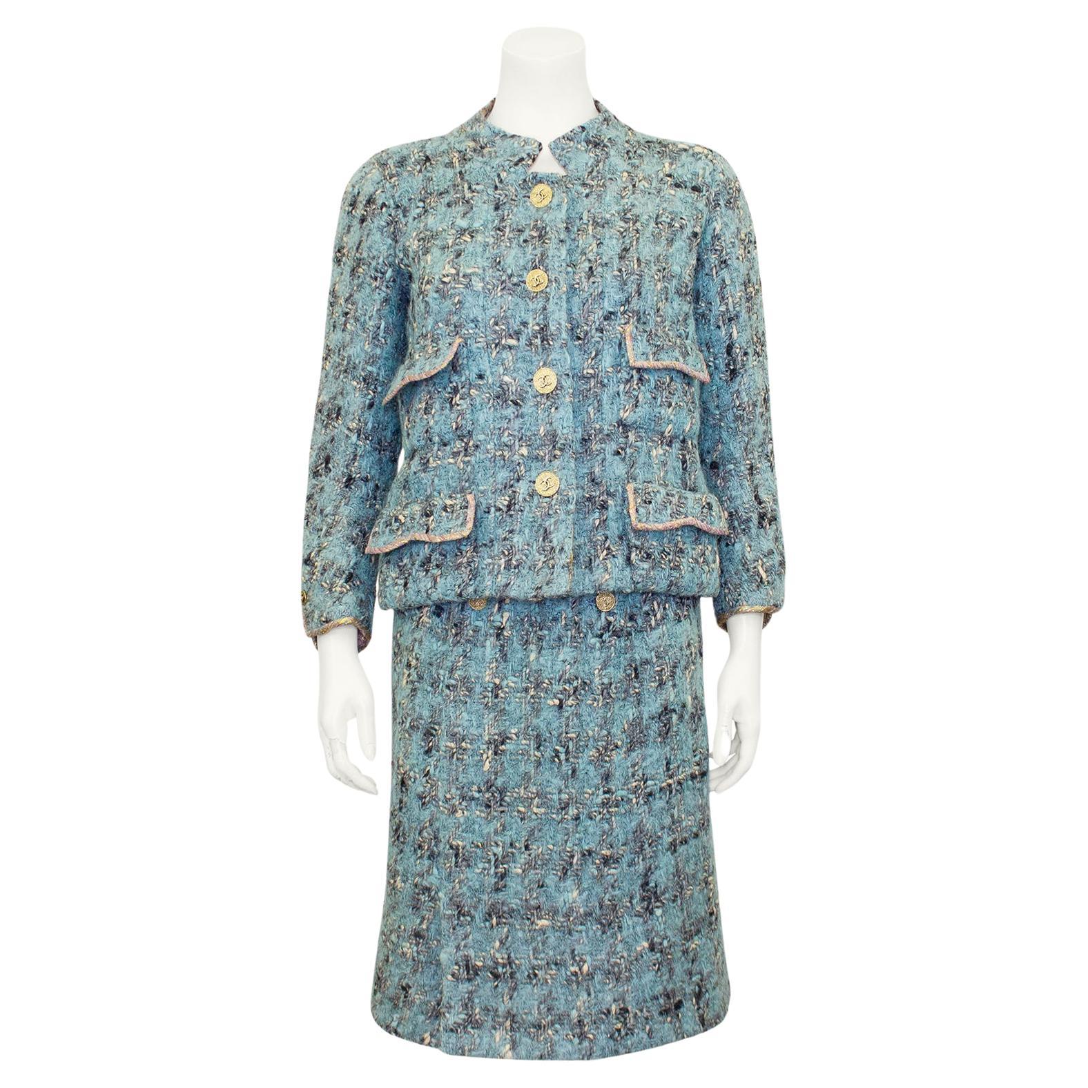 1960's Chanel Haute Couture Blue Tweed Jacket and Dress Ensemble 