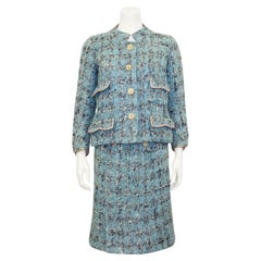 1960's Chanel Haute Couture Blue Tweed Jacket and Dress Ensemble 