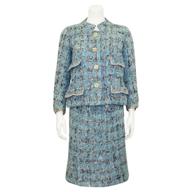 1960's Chanel Haute Couture Blue Tweed Jacket and Dress Ensemble For Sale  at 1stDibs