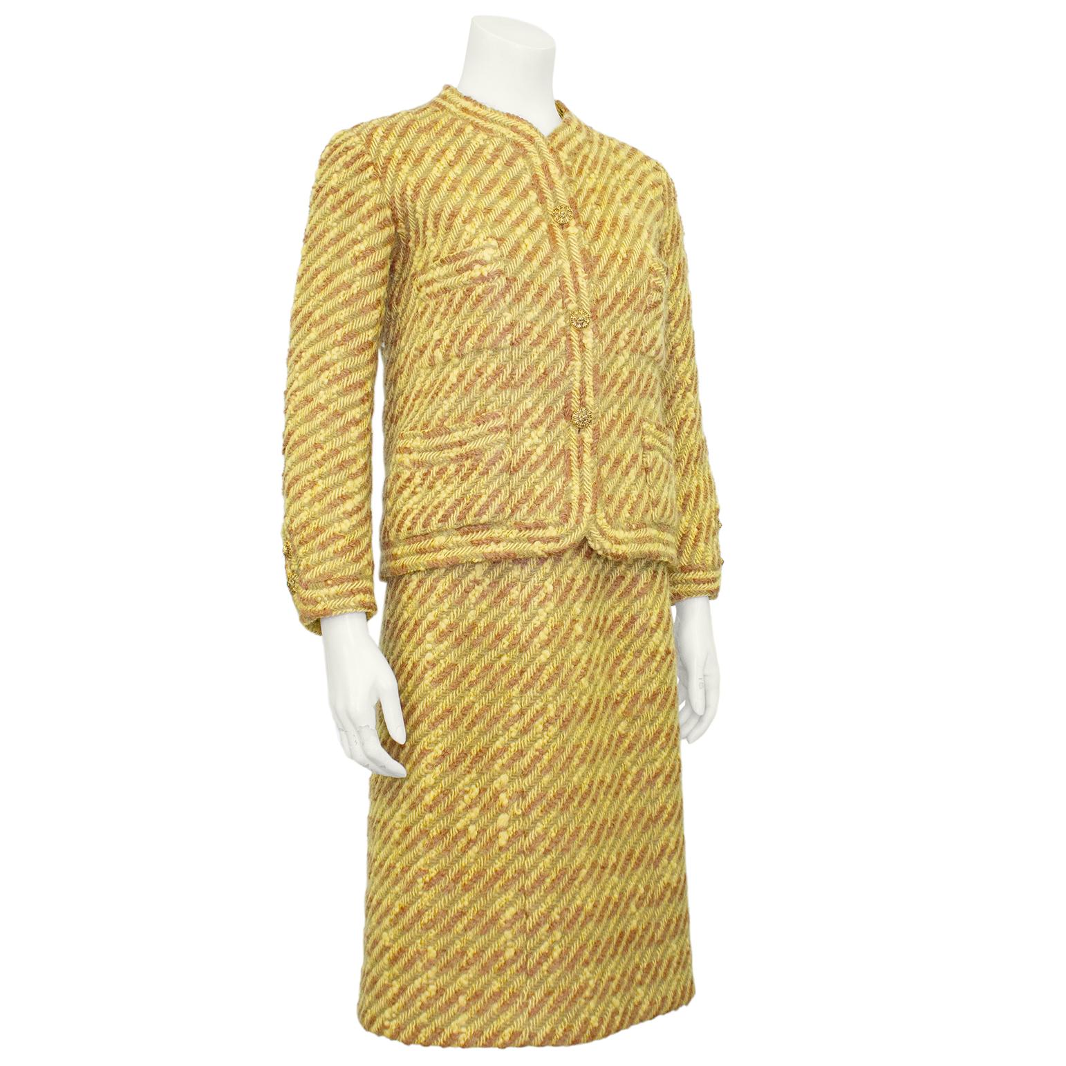 1960s Chanel Haute Couture Gold and Brown Jacket and Dress Ensemble In Good Condition For Sale In Toronto, Ontario