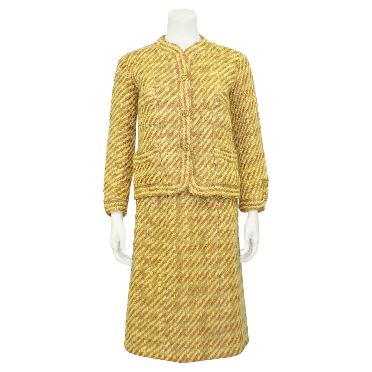 1960s Chanel Haute Couture Gold and Brown Jacket and Dress Ensemble For Sale