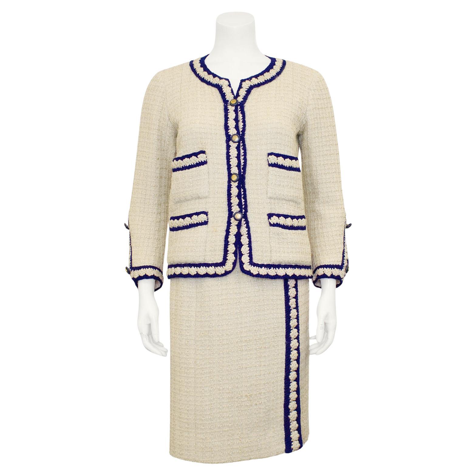 1960's Chanel Haute Couture Iconic Navy and Cream Boucle Suit For Sale