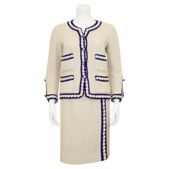 1960's Chanel Haute Couture Iconic Navy and Cream Boucle Suit
