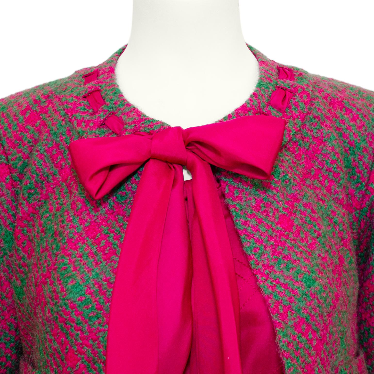 1960s Chanel Haute Couture Magenta and Green Dress and Jacket Ensemble For Sale 1
