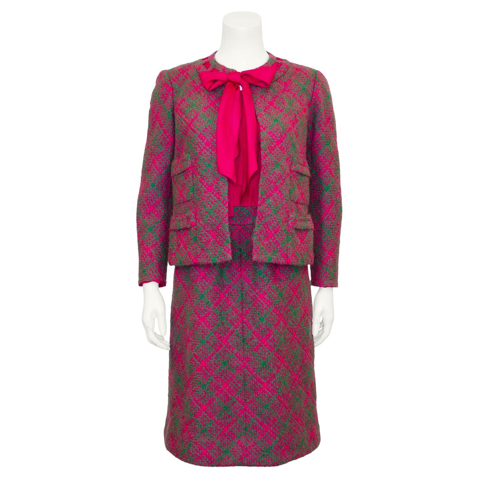 1960s Chanel Haute Couture Magenta and Green Dress and Jacket Ensemble For Sale