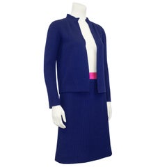 1960s Chanel Haute Couture Navy Blue and Pink Knit Set