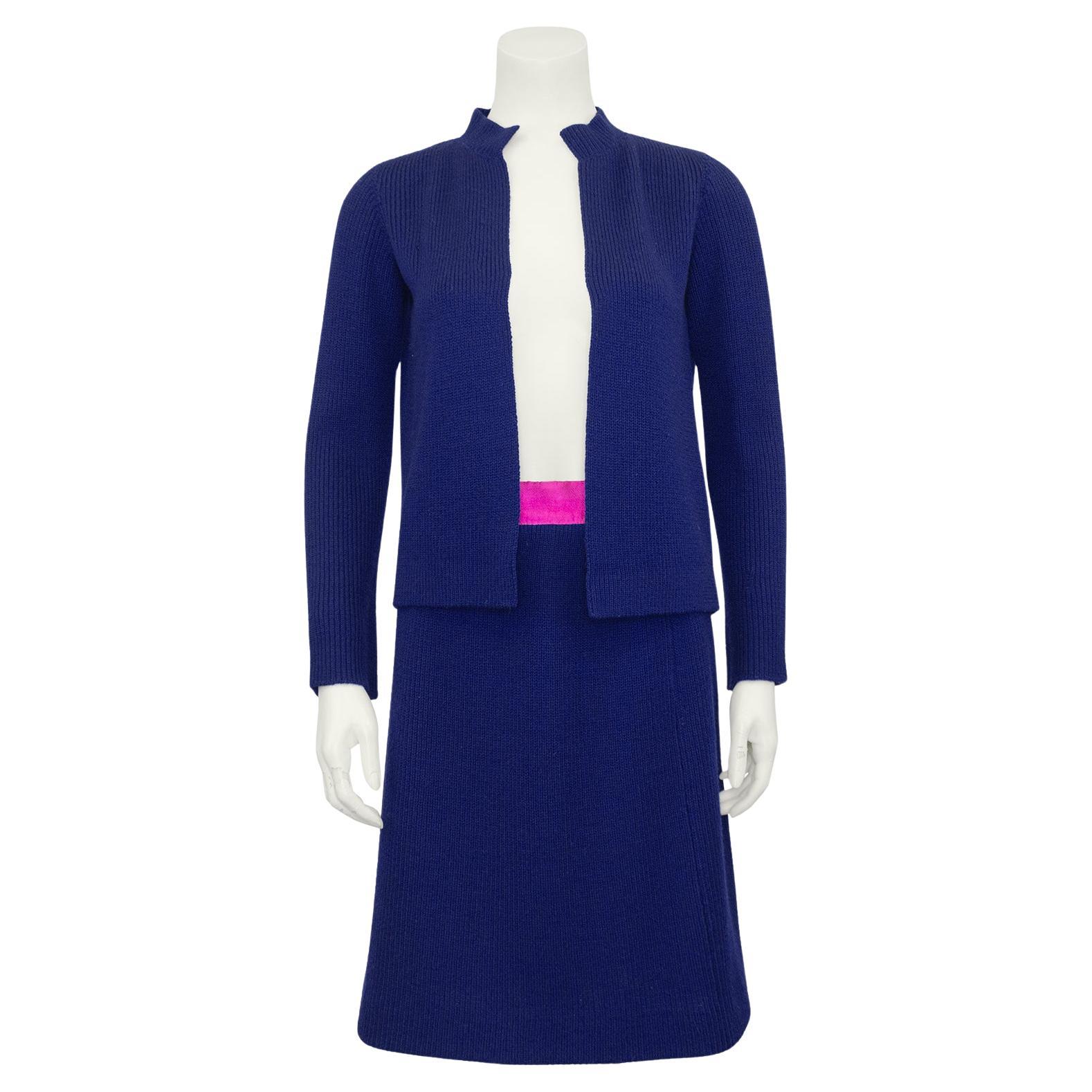 1960s Chanel Haute Couture Navy Blue and Pink Knit Set For Sale