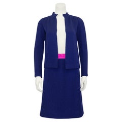 1960s Chanel Haute Couture Navy Blue and Pink Knit Set