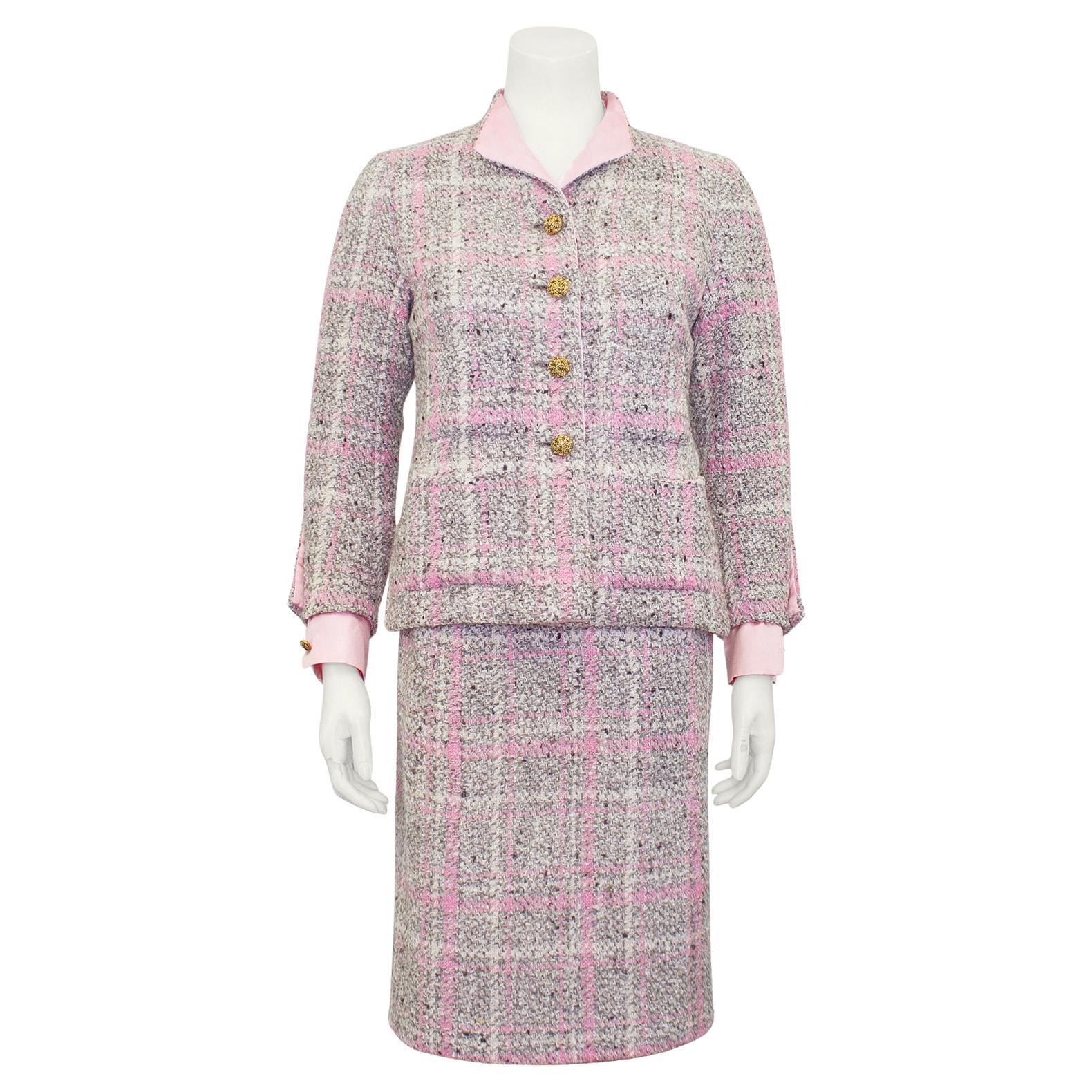 1960s Chanel Haute Couture Pink and Grey Tweed Suit For Sale