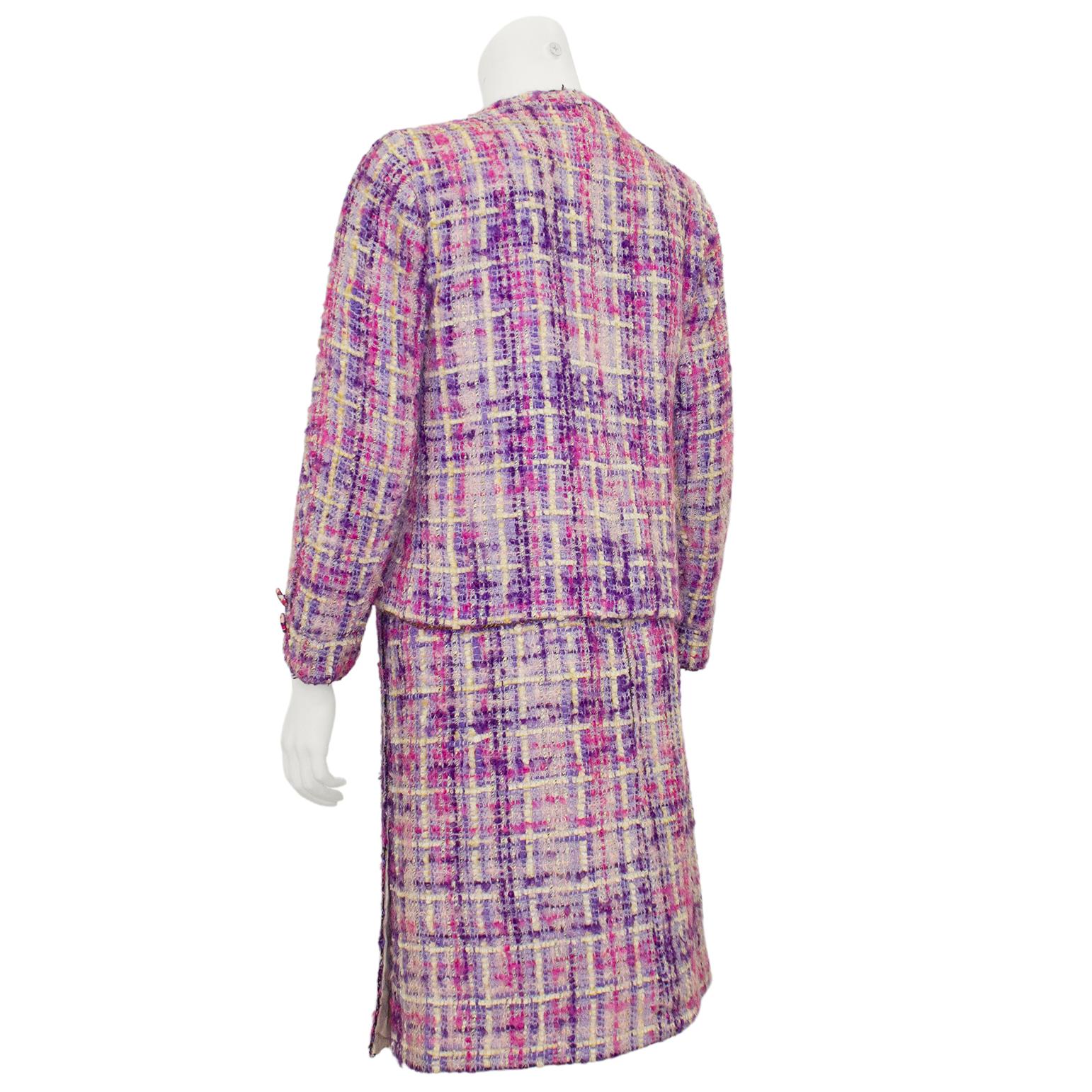 1960s Chanel Haute Couture Pink and Purple Tweed Ensemble In Good Condition In Toronto, Ontario