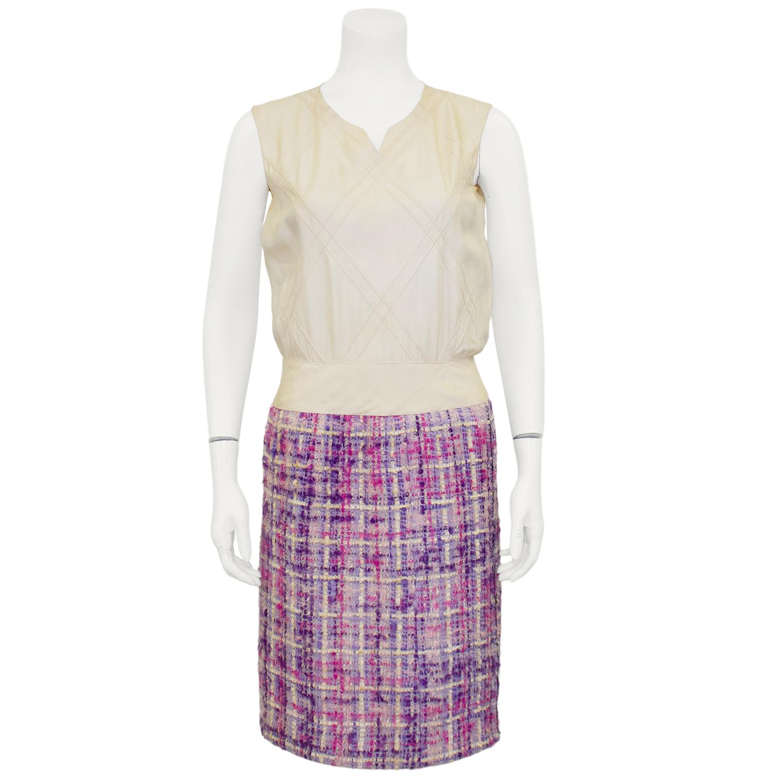 Women's 1960s Chanel Haute Couture Pink and Purple Tweed Ensemble 