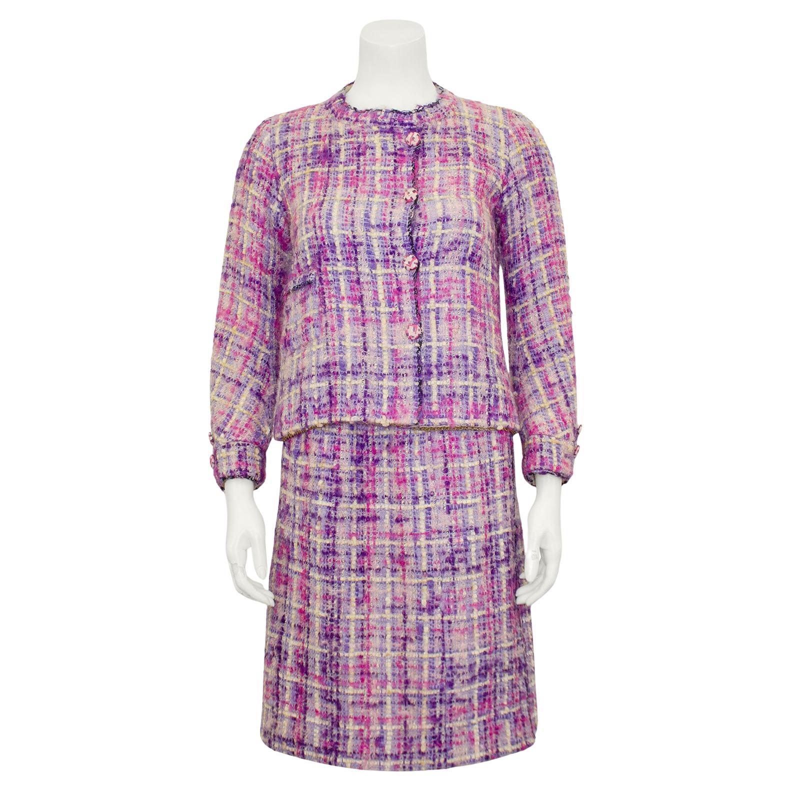1960s Chanel Haute Couture Pink and Purple Tweed Ensemble 