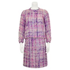 1960s Chanel Haute Couture Pink and Purple Tweed Ensemble 