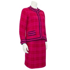 1960s Chanel Haute Couture Pink Plaid Suit with Navy Trim