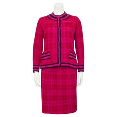 1960s Chanel Haute Couture Pink Plaid Suit with Navy Trim 