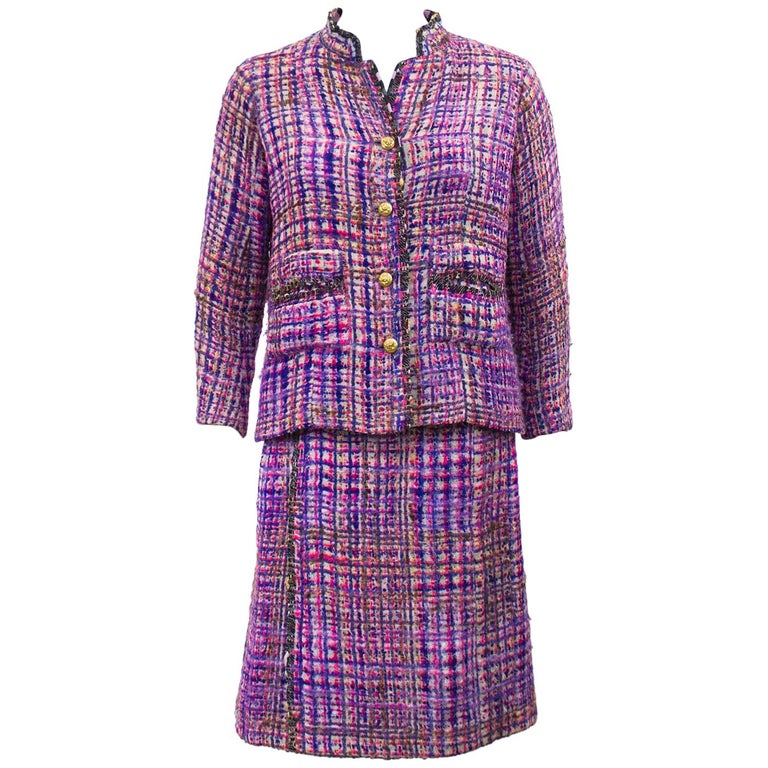 1960s Chanel Haute Couture Shocking Pink and Purple Boucle Suit For Sale