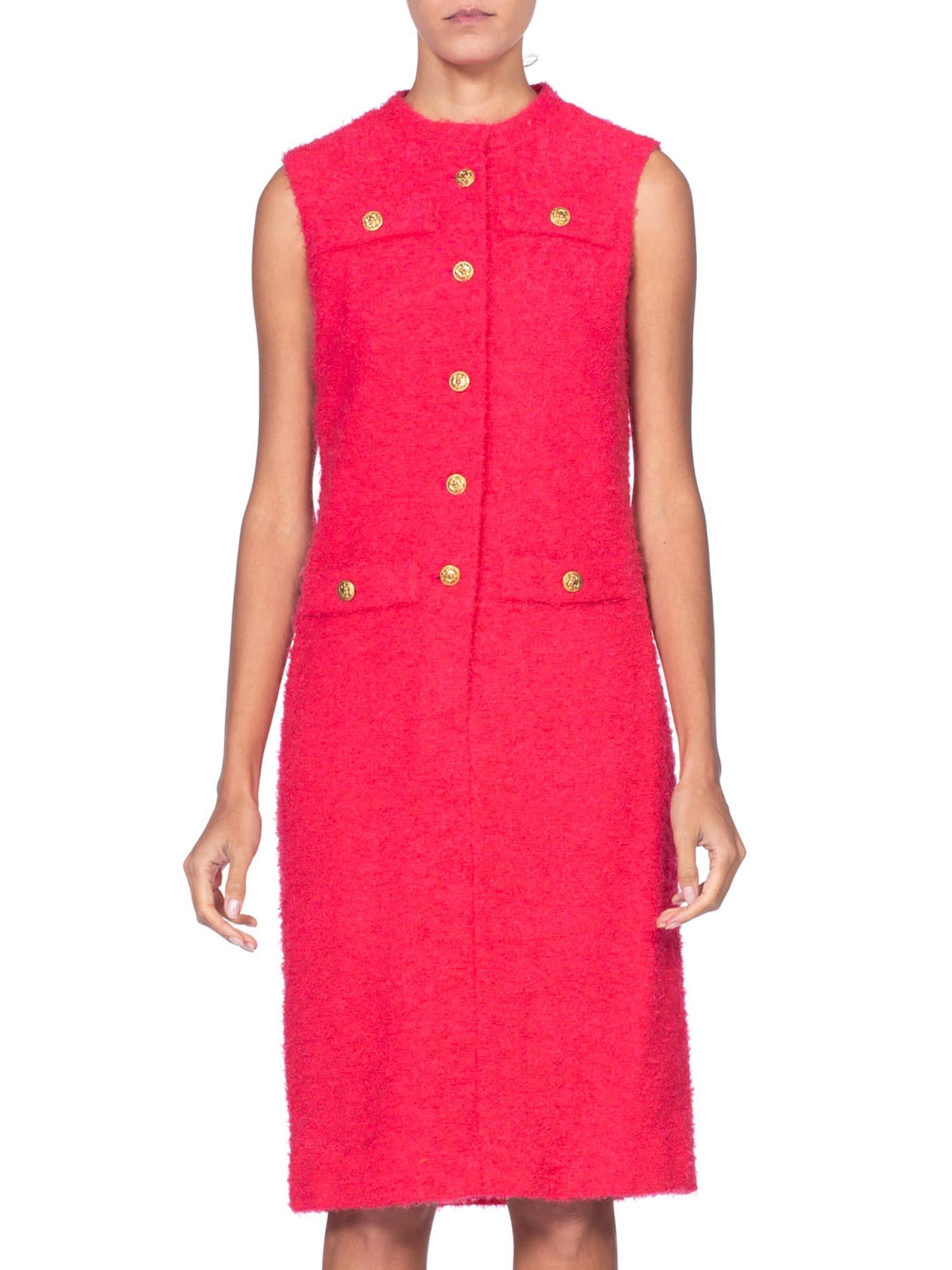1960's Chanel Style Boucle Hot Pink Mod Dress With US Marines Buttons In Excellent Condition In New York, NY