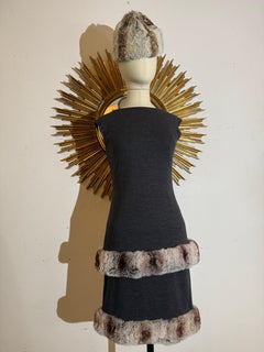 1960s Charcoal Knit Wool Dress w Tiered Chinchilla Trim & Matching Adolfo II Hat