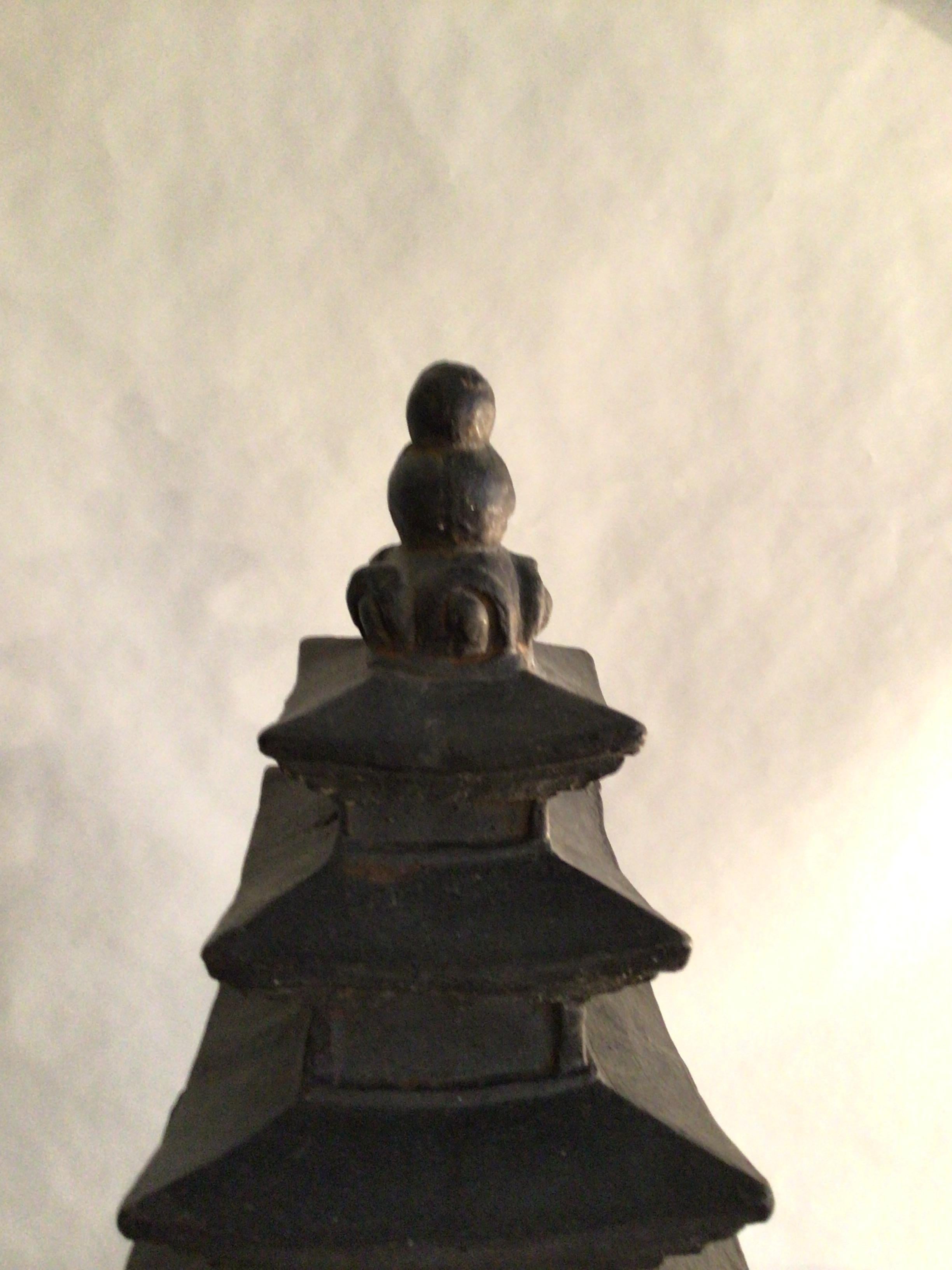 1960s Charcoal Painted Terracotta Pagoda Statue.
