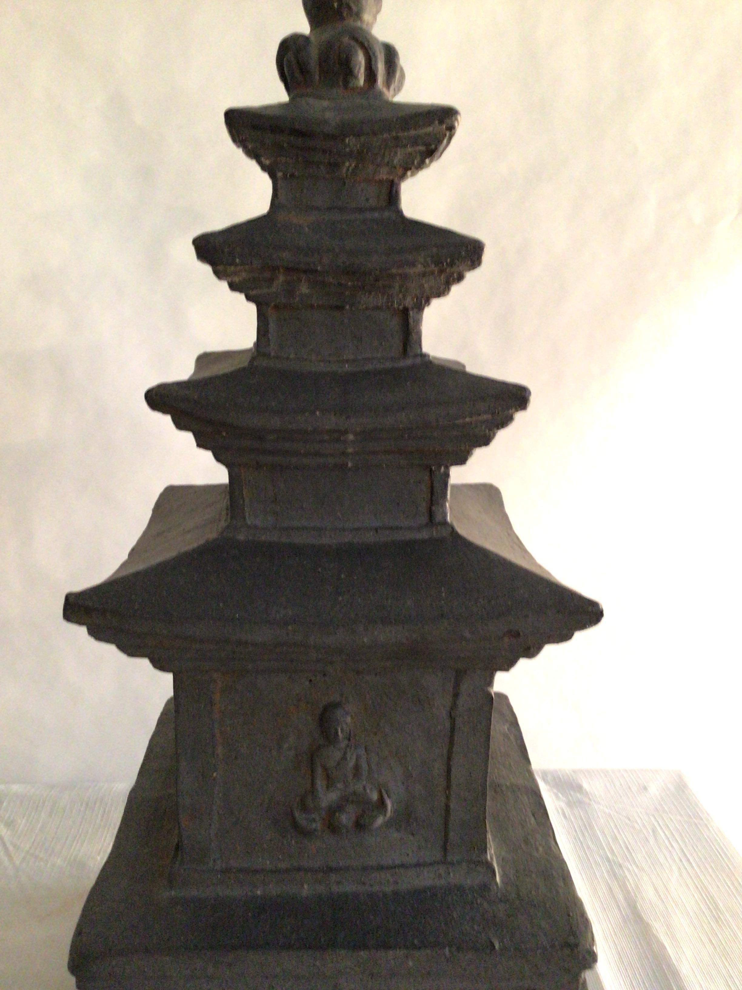Unknown 1960s Charcoal Painted Terracotta Pagoda Statue For Sale