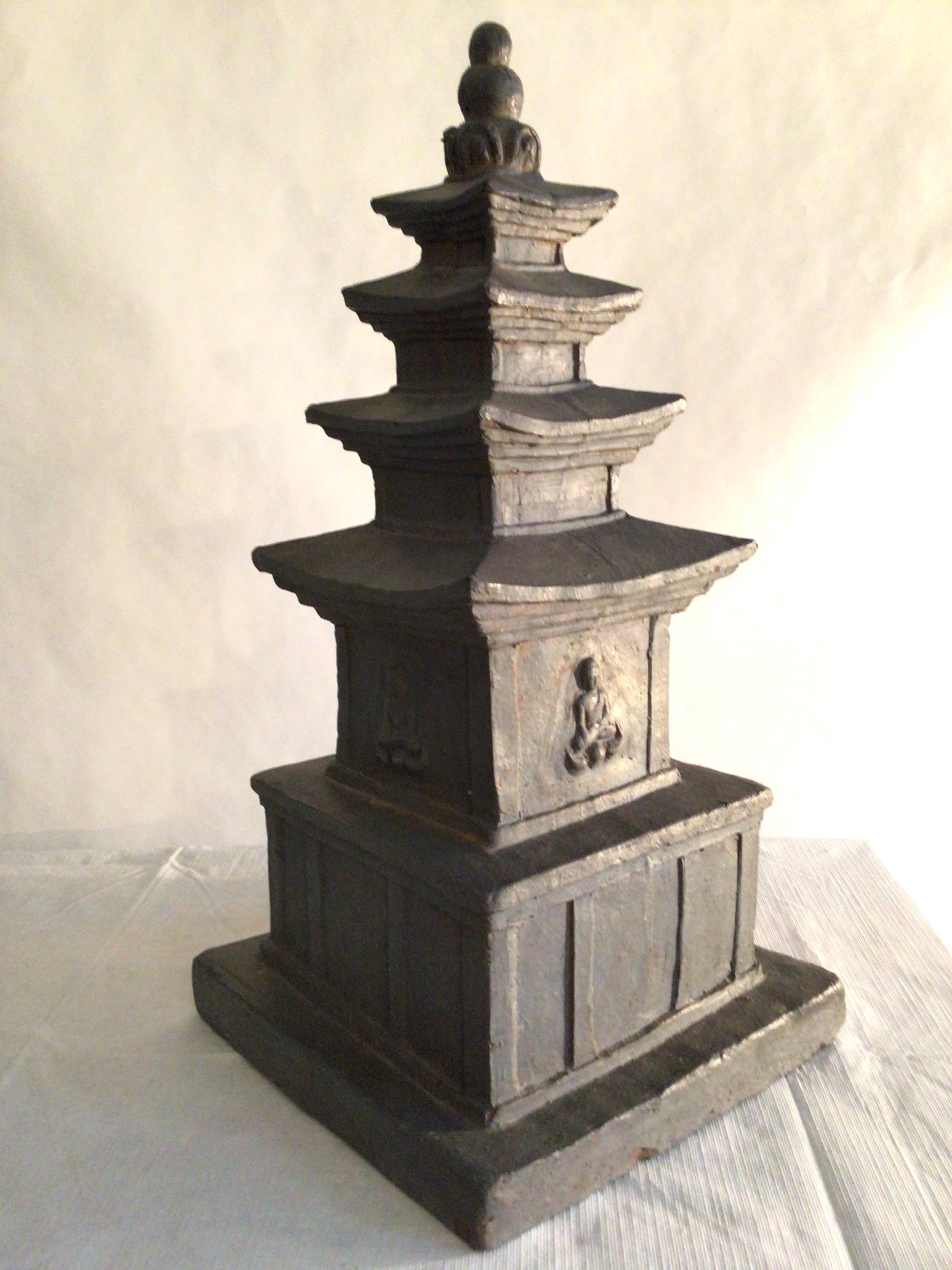 1960s Charcoal Painted Terracotta Pagoda Statue For Sale 1