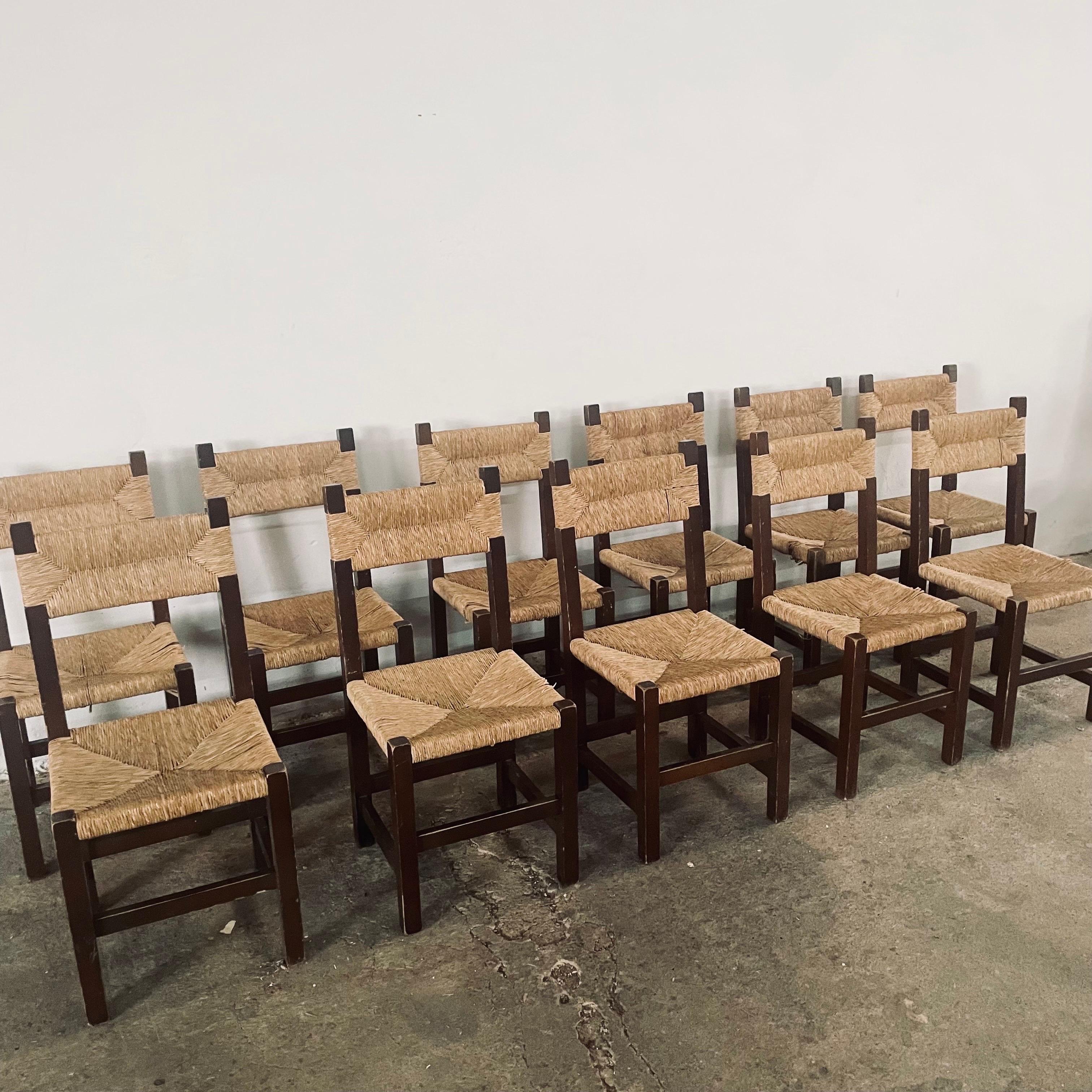 1960s Charles Dudouyt French Country Rush Seat Dining Chairs In Good Condition In PEGO, ES