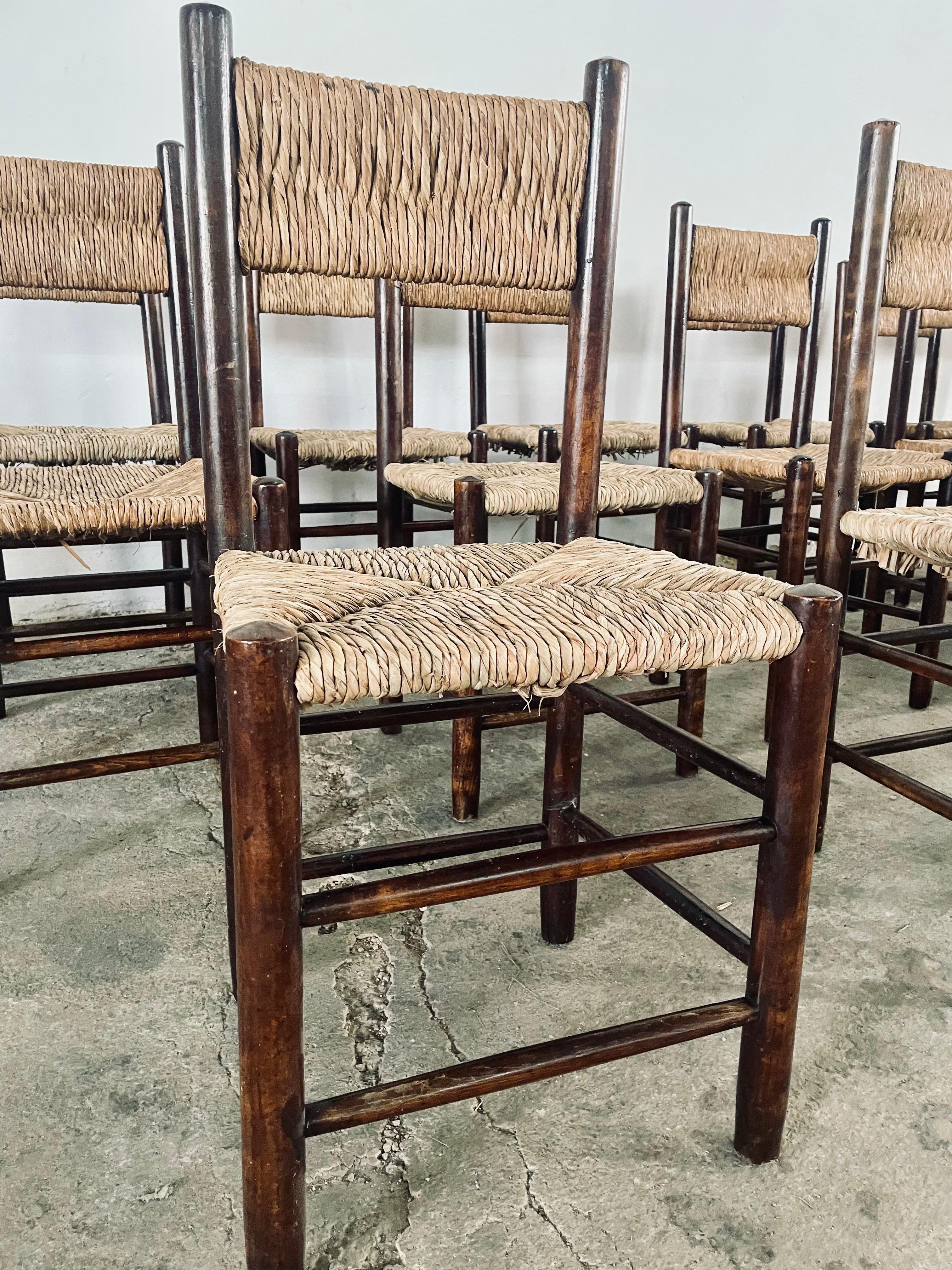 1960s Charlotte PERRIAND French Country Rush Seat Dining Chairs For Sale 6